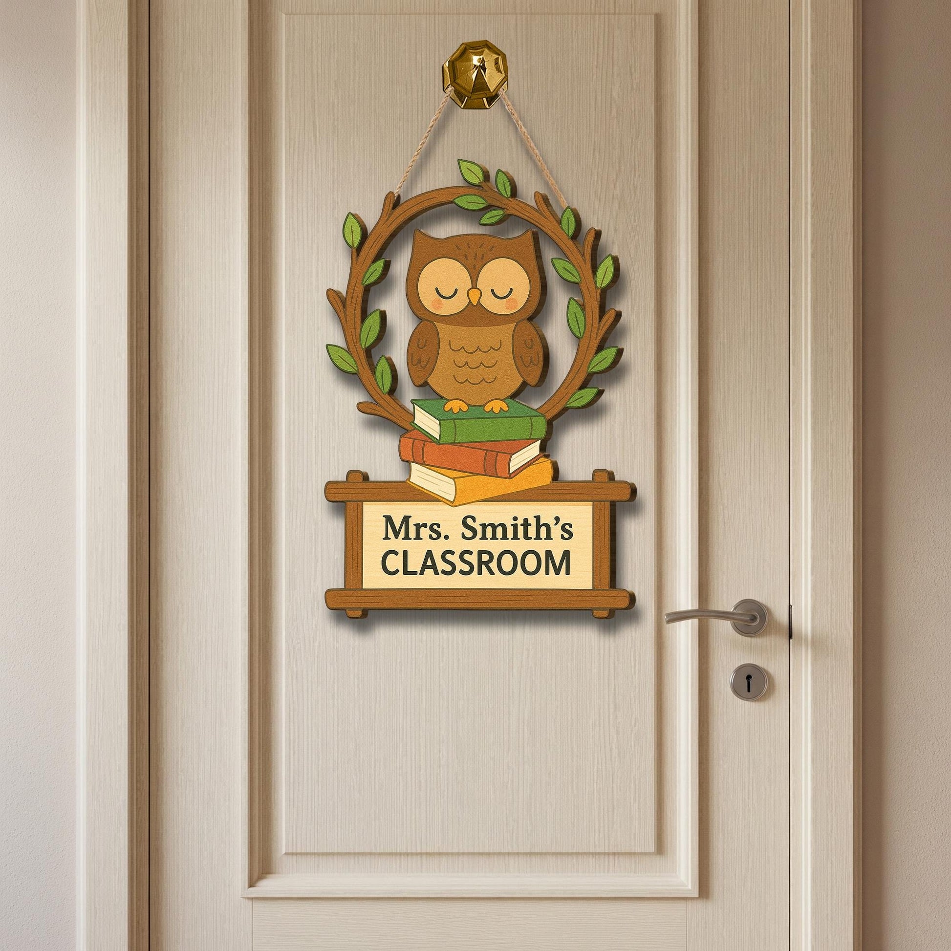 Personalized Owl Teacher Door Sign, Custom Classroom Hanging Decor for Teaches, Educators, Back to School Wood Sign with Books & Leaves