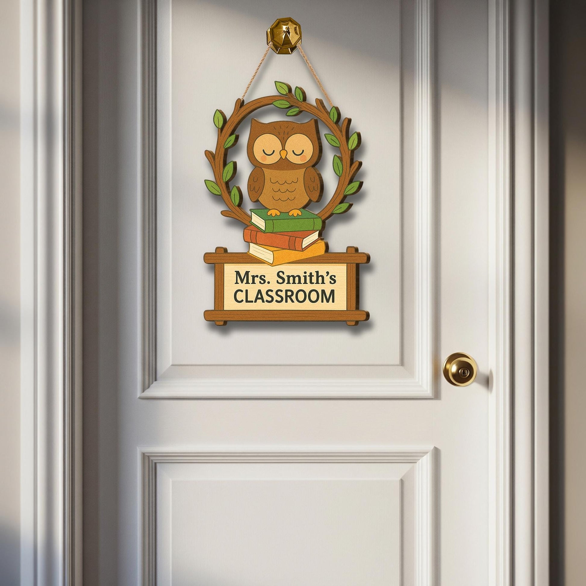 Personalized Owl Teacher Door Sign, Custom Classroom Hanging Decor for Teaches, Educators, Back to School Wood Sign with Books & Leaves
