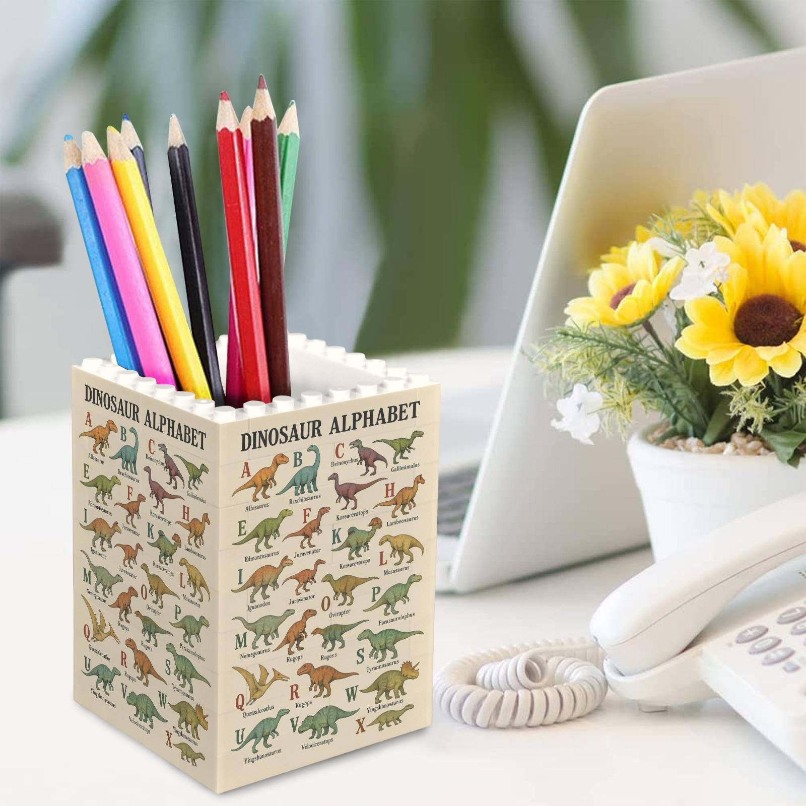 Dinosaur Alphabet Pencil Holder - Building Brick Desk Organizer - Kids Back to School Gift - Dino Classroom Decor Learning Gift for Teacher