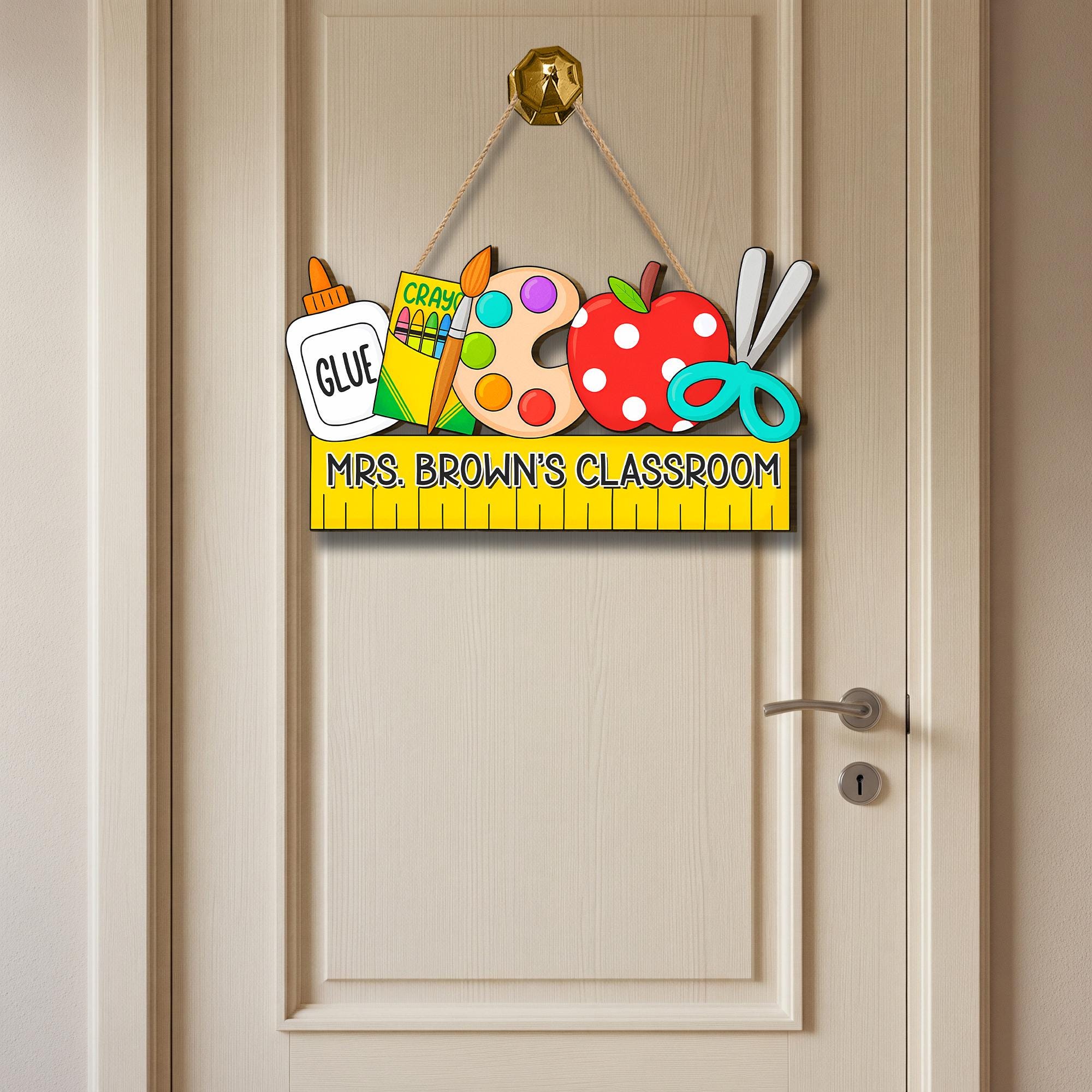 Personalized Teacher Door Sign with School Supplies, Custom Classroom Decor for Teachers, Educators, Back to School Ruler Hanging Sign