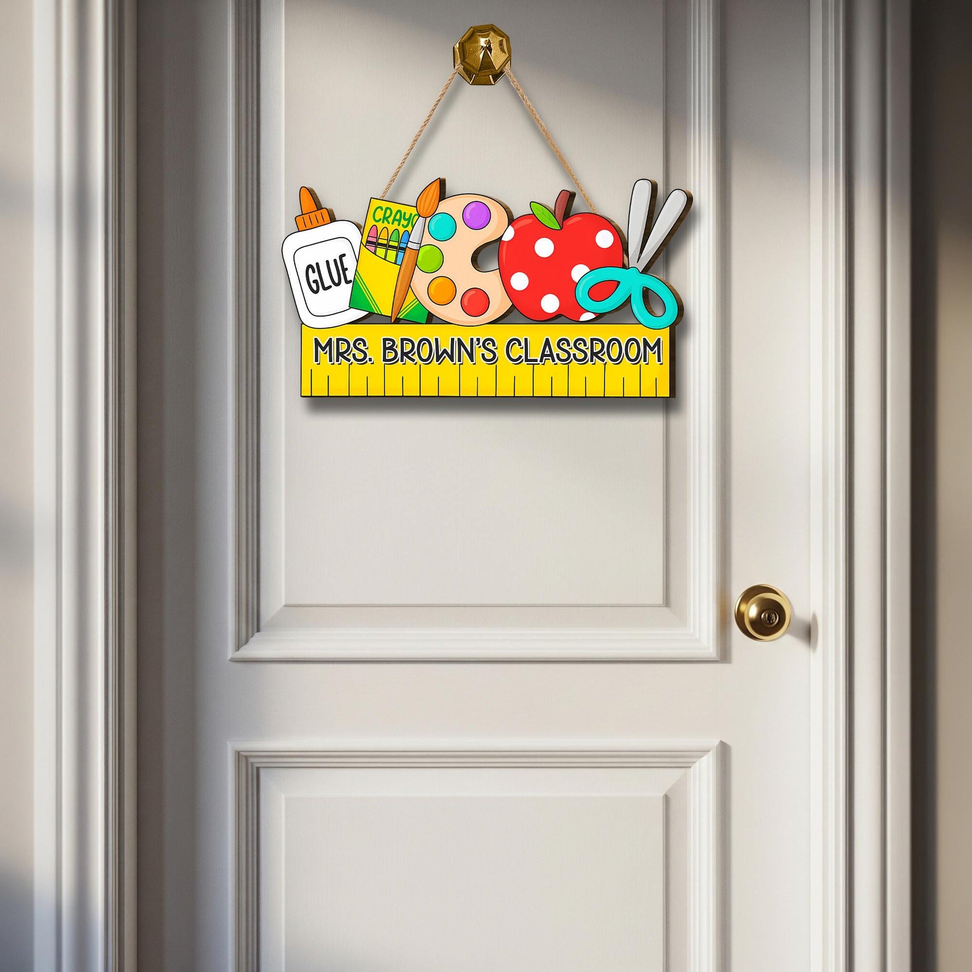 Personalized Teacher Door Sign with School Supplies, Custom Classroom Decor for Teachers, Educators, Back to School Ruler Hanging Sign