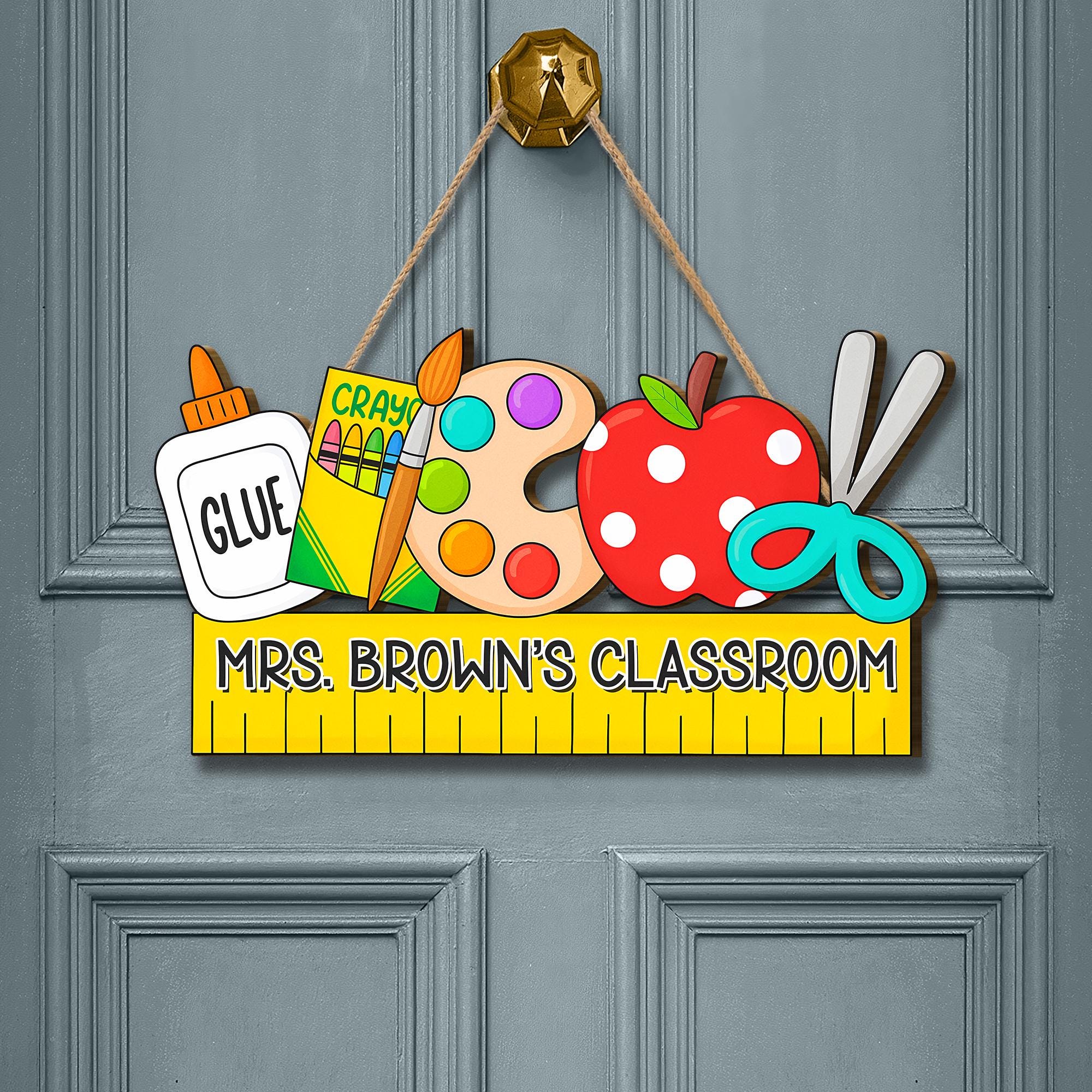 Personalized Teacher Door Sign with School Supplies, Custom Classroom Decor for Teachers, Educators, Back to School Ruler Hanging Sign