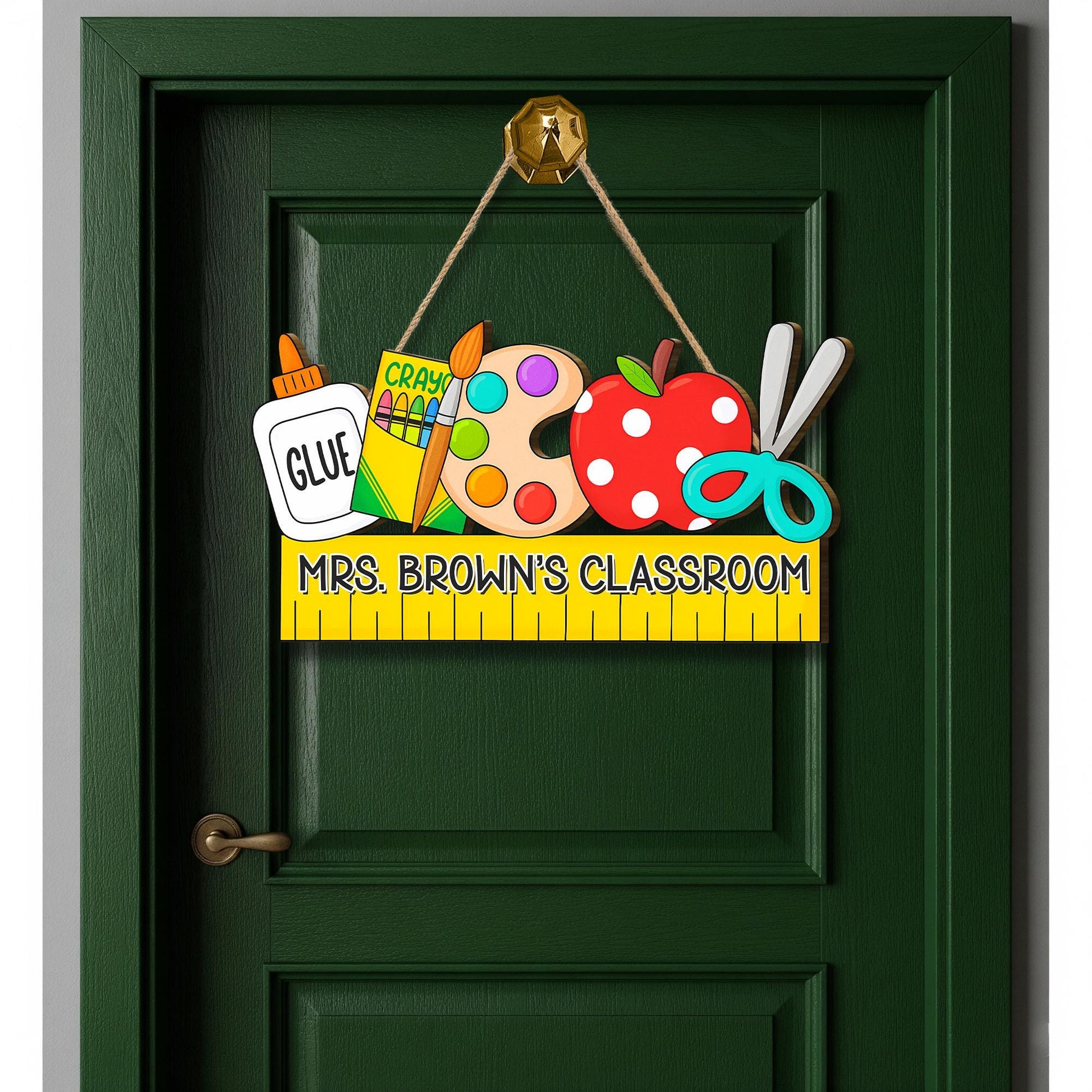 Personalized Teacher Door Sign with School Supplies, Custom Classroom Decor for Teachers, Educators, Back to School Ruler Hanging Sign