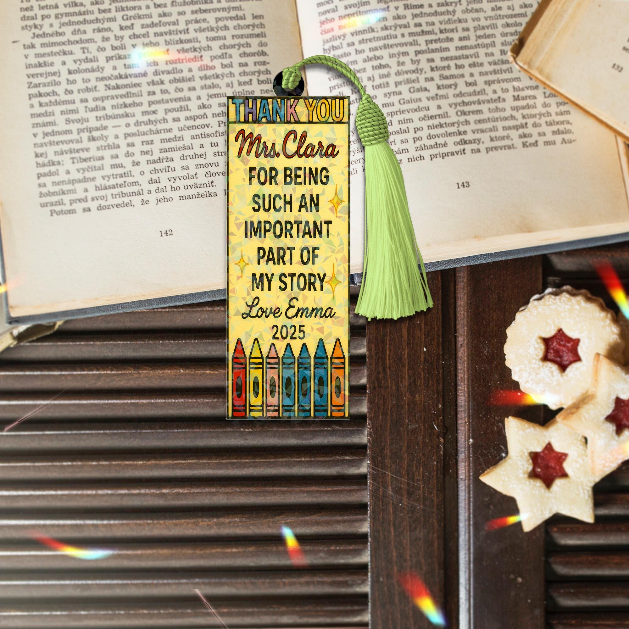 Custom Holographic Teacher Bookmark Gift, Personalized Thank You Crayon Bookmark with Tassel, End of Year Teacher Appreciation Gift