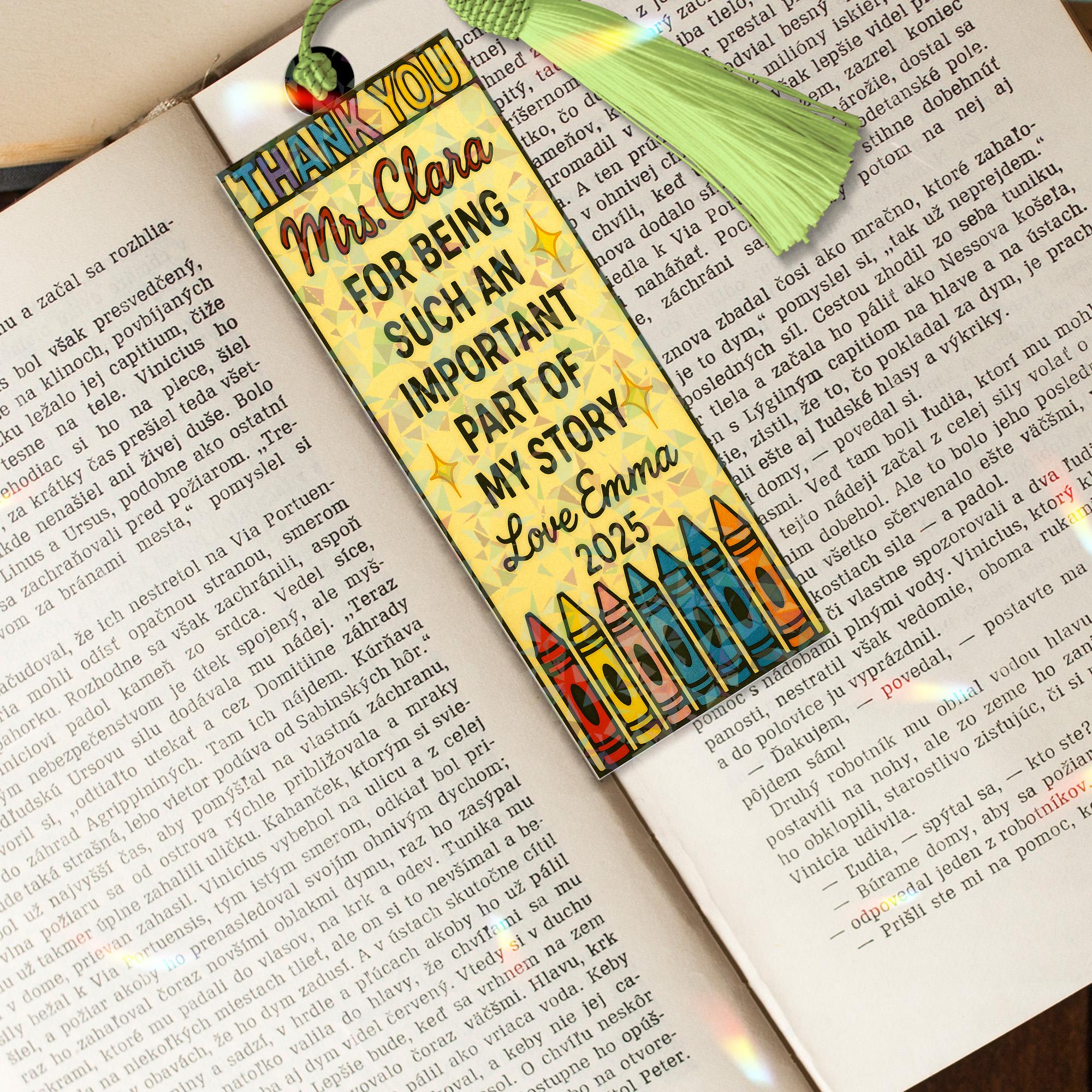 Custom Holographic Teacher Bookmark Gift, Personalized Thank You Crayon Bookmark with Tassel, End of Year Teacher Appreciation Gift