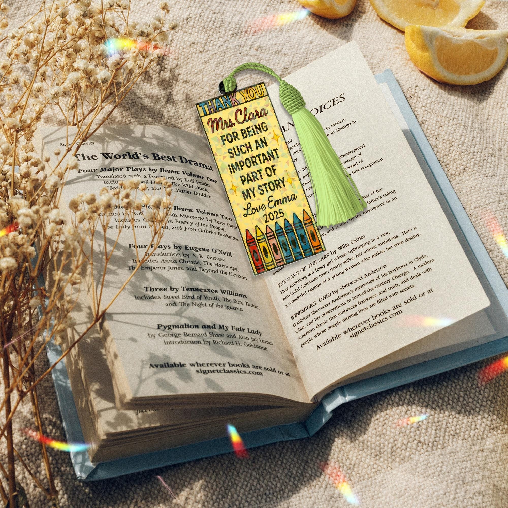 Custom Holographic Teacher Bookmark Gift, Personalized Thank You Crayon Bookmark with Tassel, End of Year Teacher Appreciation Gift