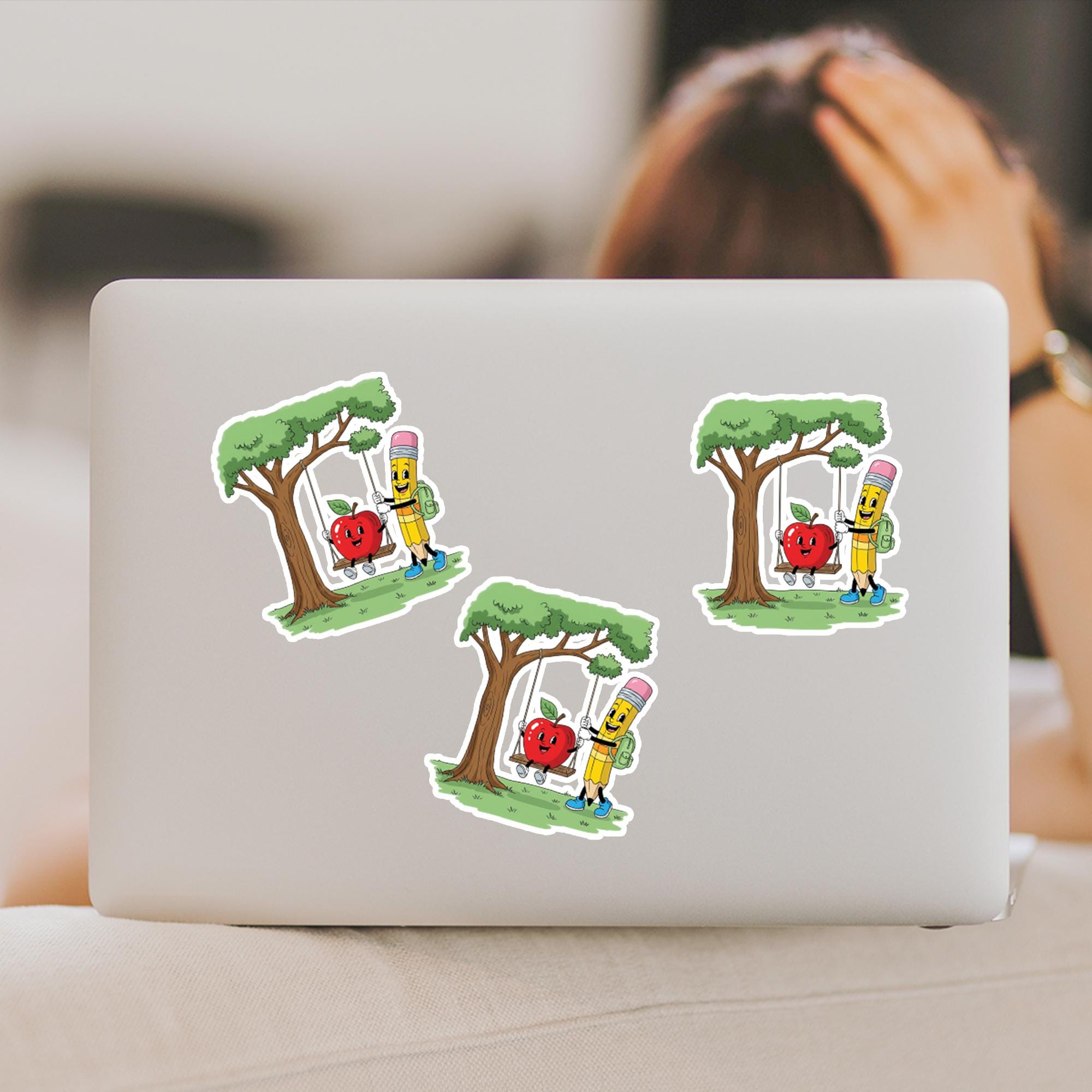 Cute Apple and Pencil Sticker, Retro Cartoon Teacher Decal, Whimsical School Friends on Swing, Vintage Style Kids Laptop Sticker