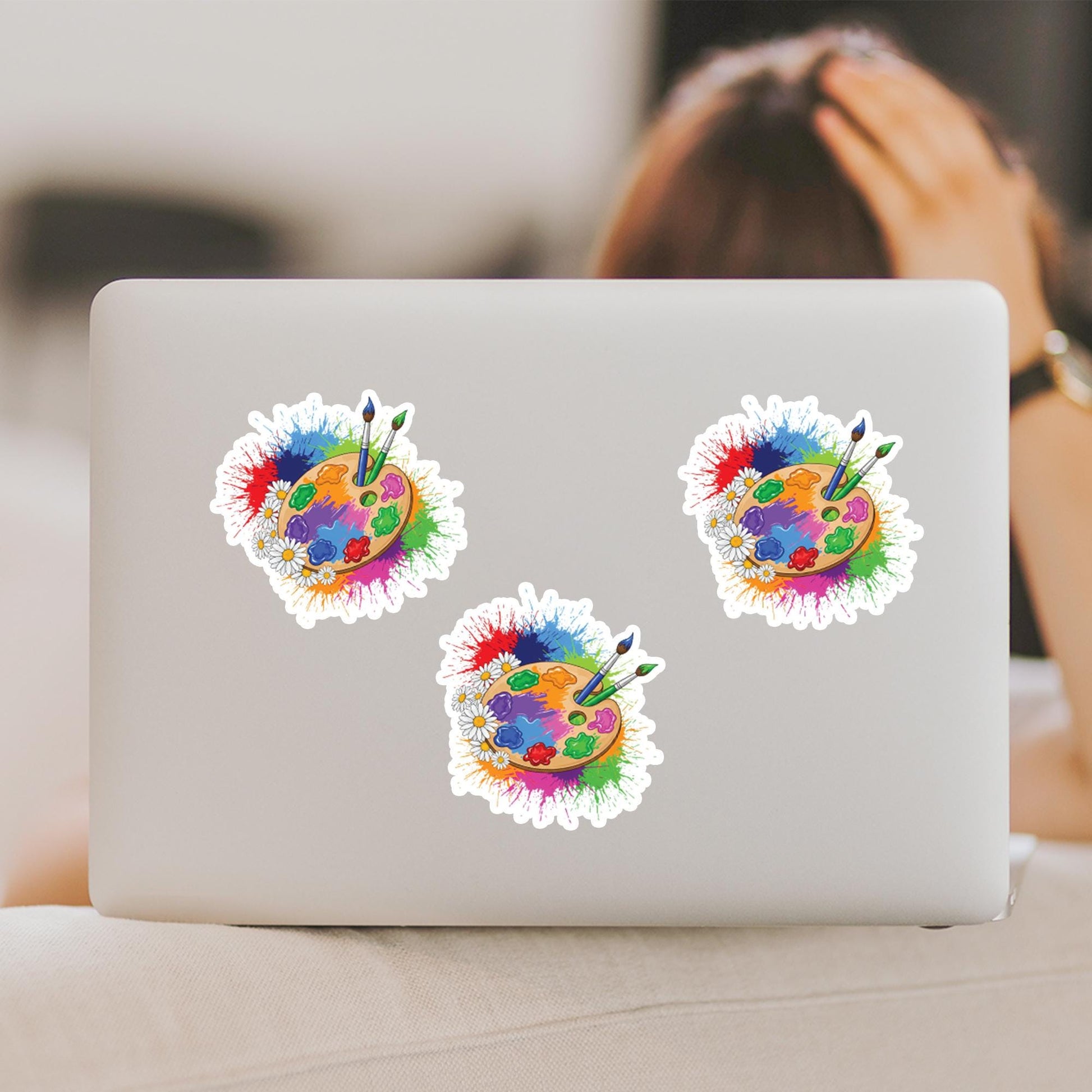 Artist Paint Palette Sticker, Colorful Paint Splatter & Daisy Decal, Art Supplies Laptop Sticker, Painter Gift, Craft Room Decor
