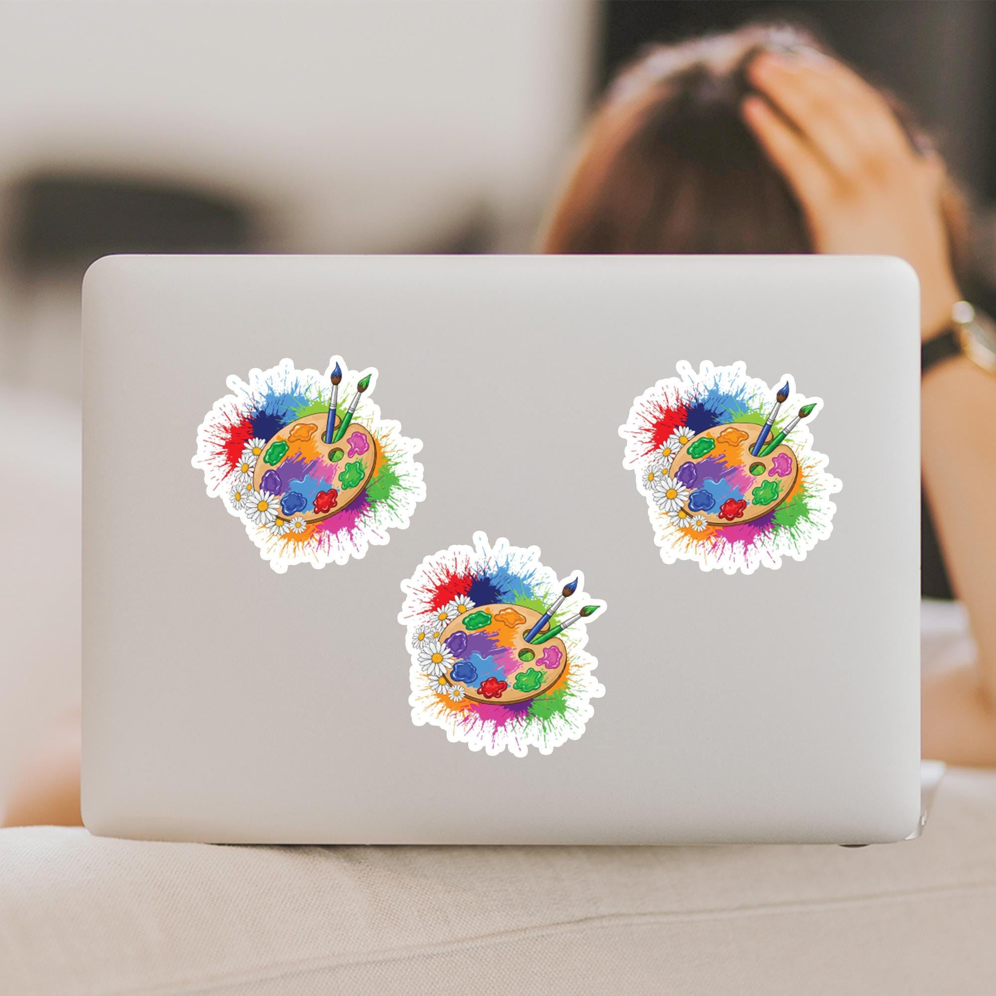 Artist Paint Palette Sticker, Colorful Paint Splatter & Daisy Decal, Art Supplies Laptop Sticker, Painter Gift, Craft Room Decor