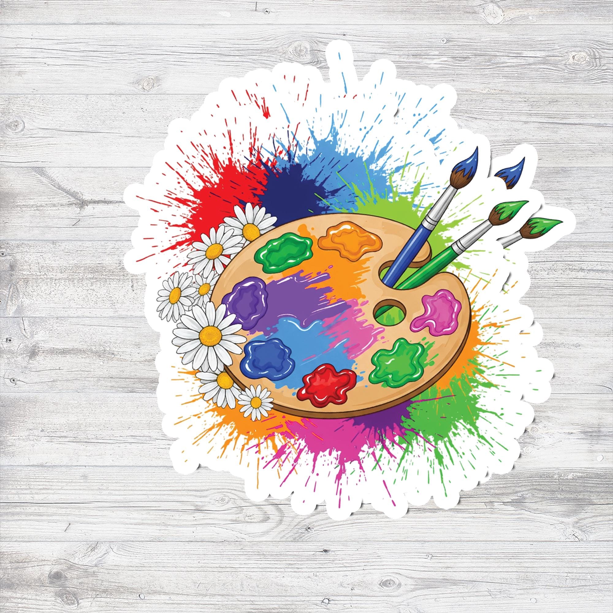 Artist Paint Palette Sticker, Colorful Paint Splatter & Daisy Decal, Art Supplies Laptop Sticker, Painter Gift, Craft Room Decor