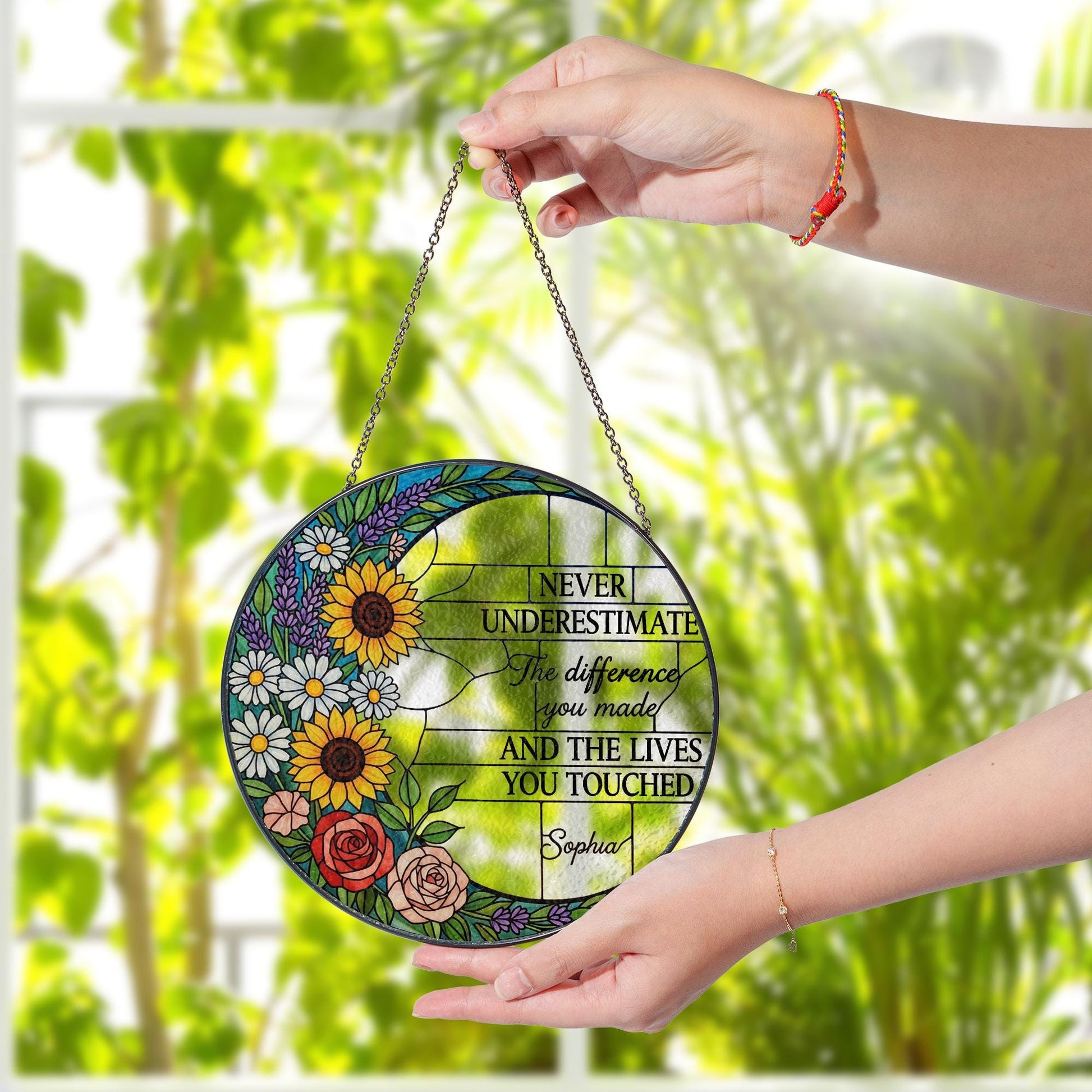Personalized Retirement Glass Suncatcher Gift, Floral Glass Hanging Decor, Thank You Keepsake for Teacher or Coworker
