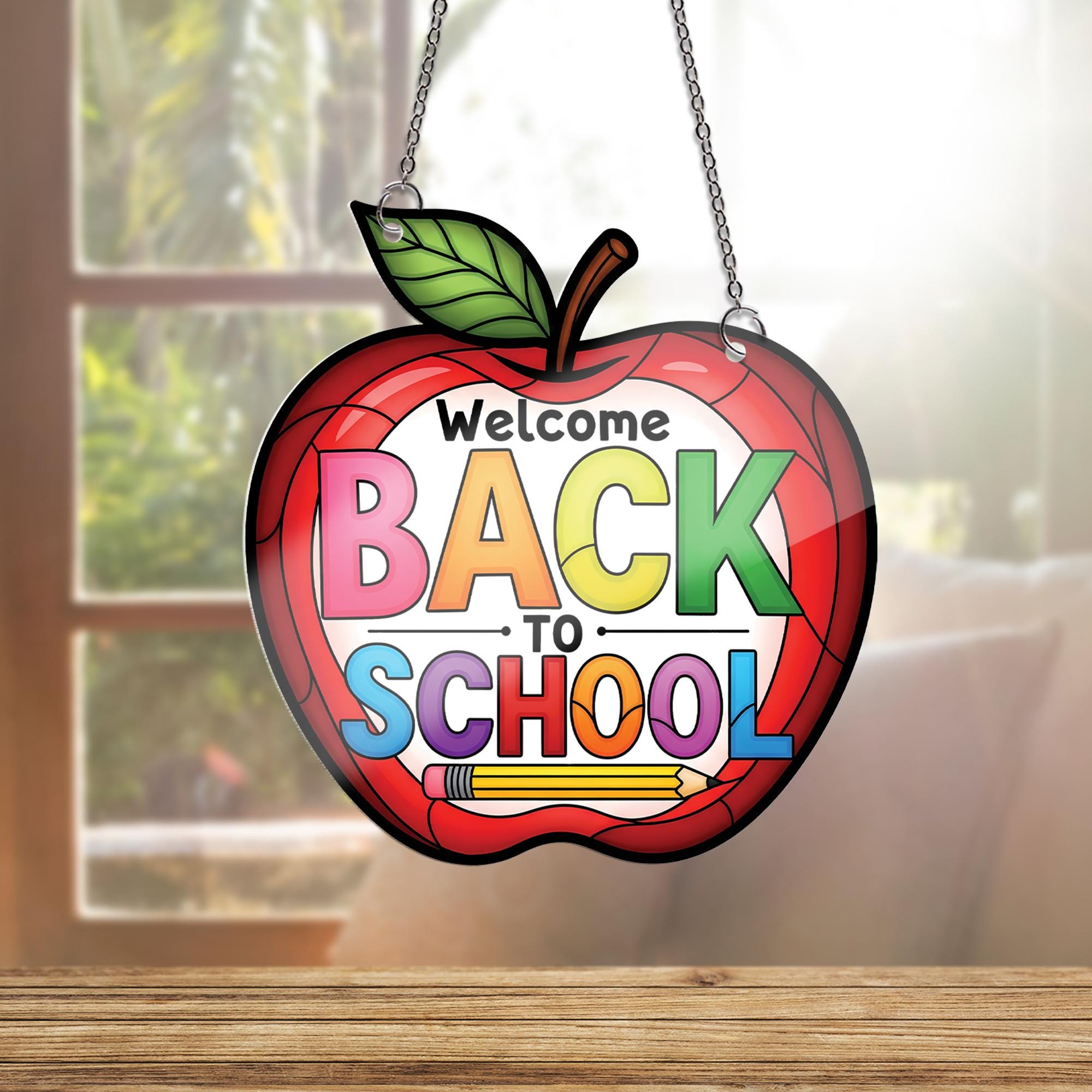 Welcome Back To School Sign, Apple Shaped Teacher Classroom Decor, Colorful Hanging Window Suncatcher, First Day of School Gift