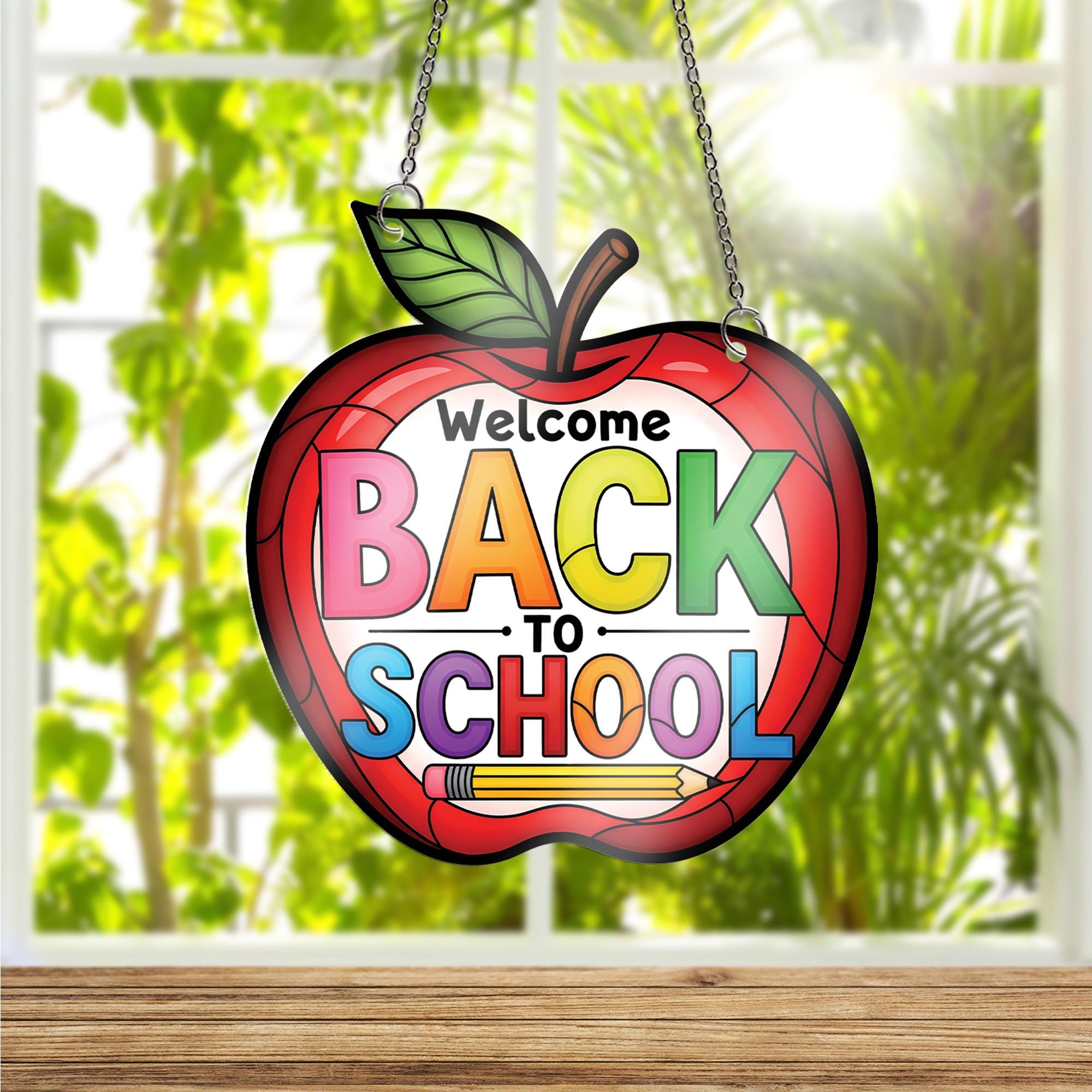 Welcome Back To School Sign, Apple Shaped Teacher Classroom Decor, Colorful Hanging Window Suncatcher, First Day of School Gift
