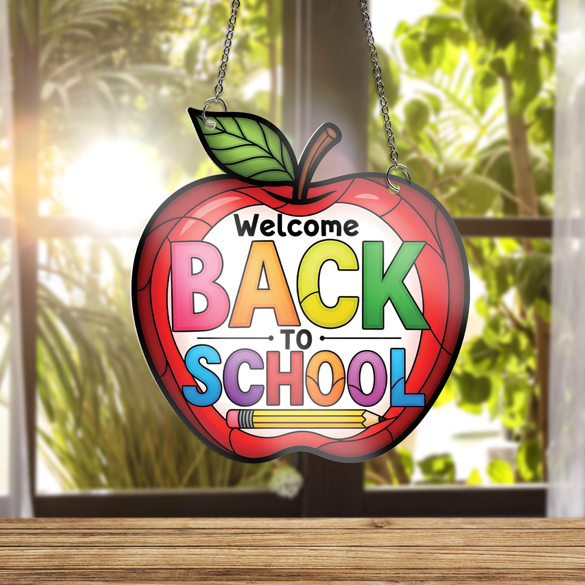 Welcome Back To School Sign, Apple Shaped Teacher Classroom Decor, Colorful Hanging Window Suncatcher, First Day of School Gift