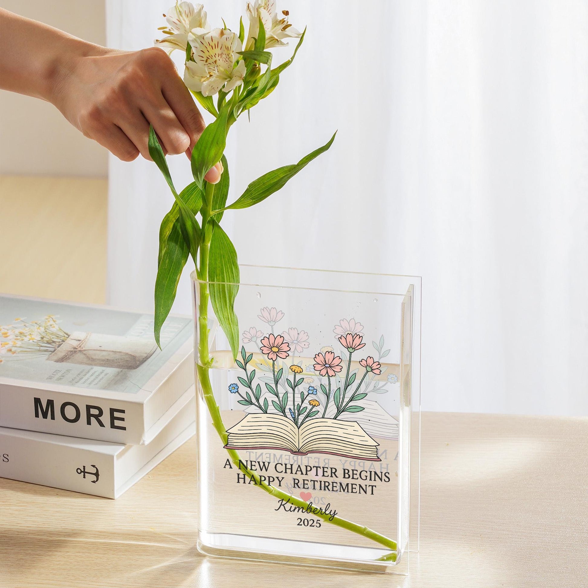 Custom Retirement Book Vase Gift, Personalized Floral Acrylic Vase with Name & Year, A New Chapter Begins Decor for Teacher or Coworker