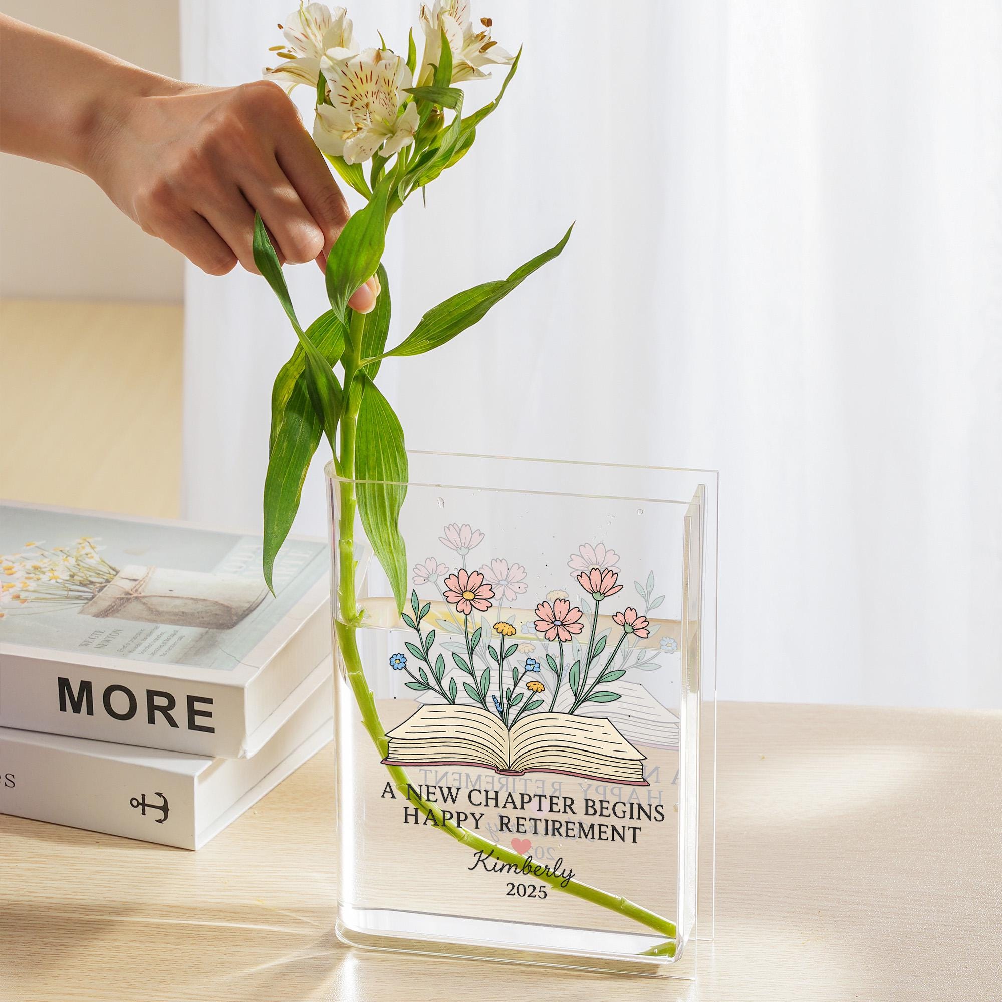 Custom Retirement Book Vase Gift, Personalized Floral Acrylic Vase with Name & Year, A New Chapter Begins Decor for Teacher or Coworker