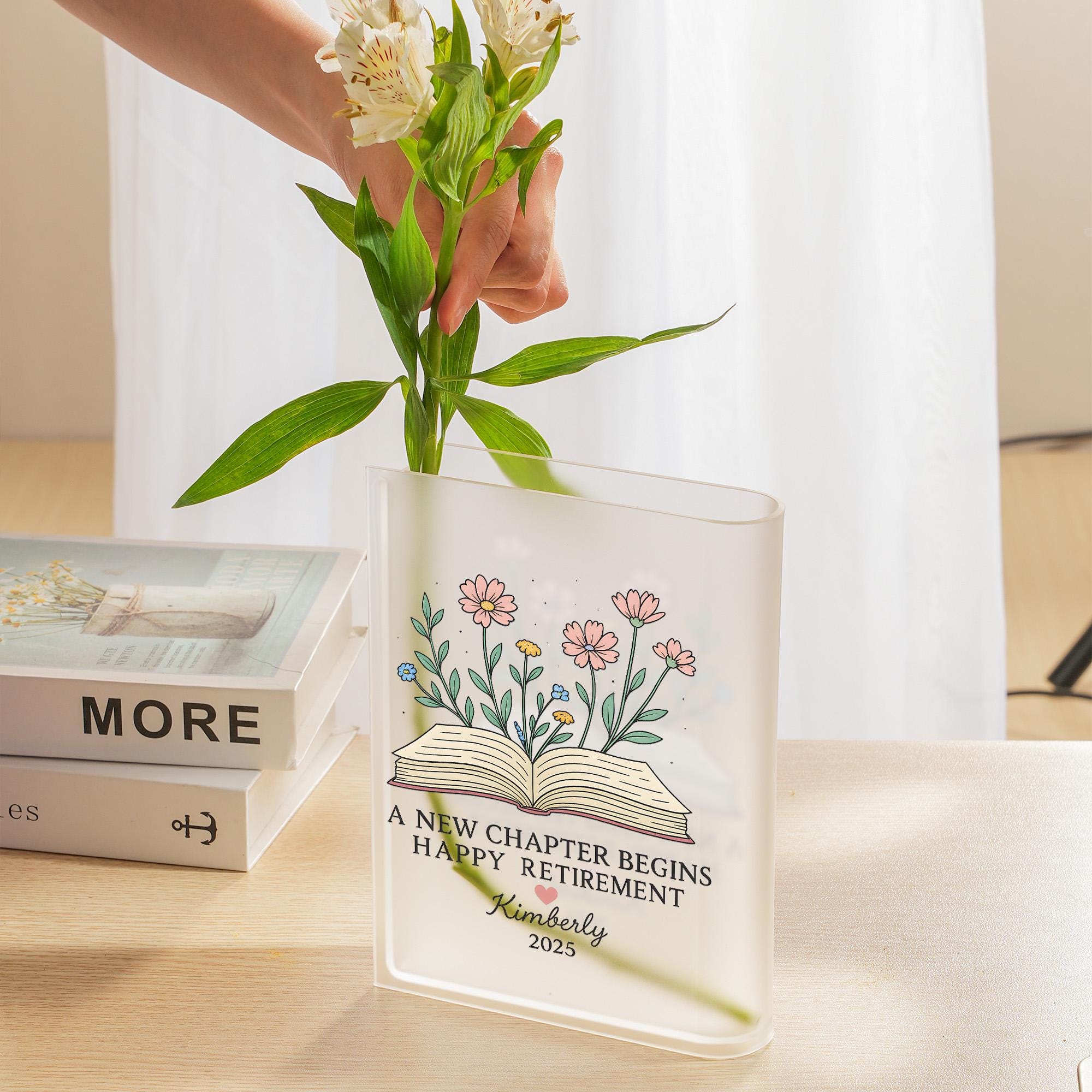 Custom Retirement Book Vase Gift, Personalized Floral Acrylic Vase with Name & Year, A New Chapter Begins Decor for Teacher or Coworker