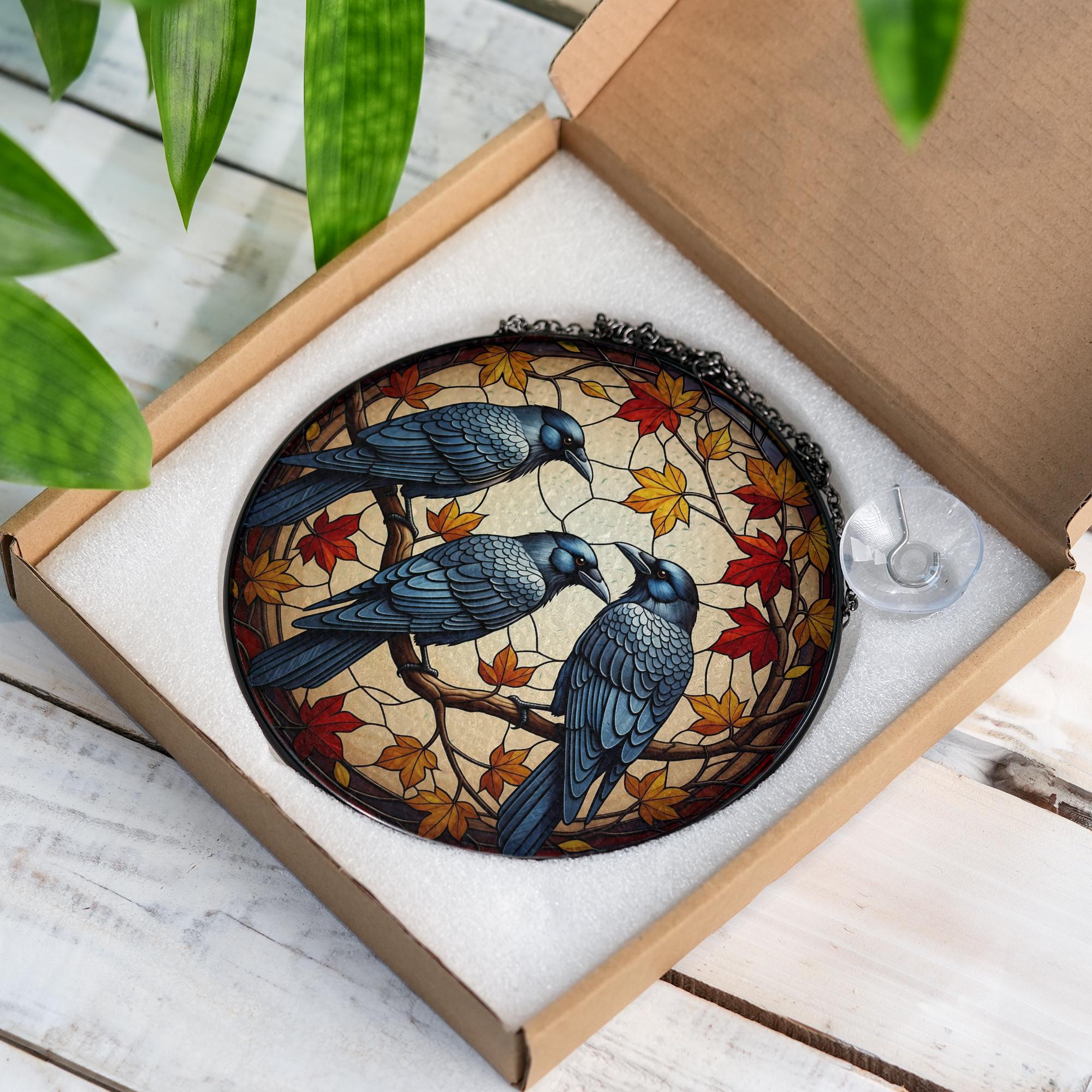 Dark Academia Glass Suncatcher with Crows and Fall Leaves, Gothic Autumn Window Decor, Glass Raven Gift for Book Lovers