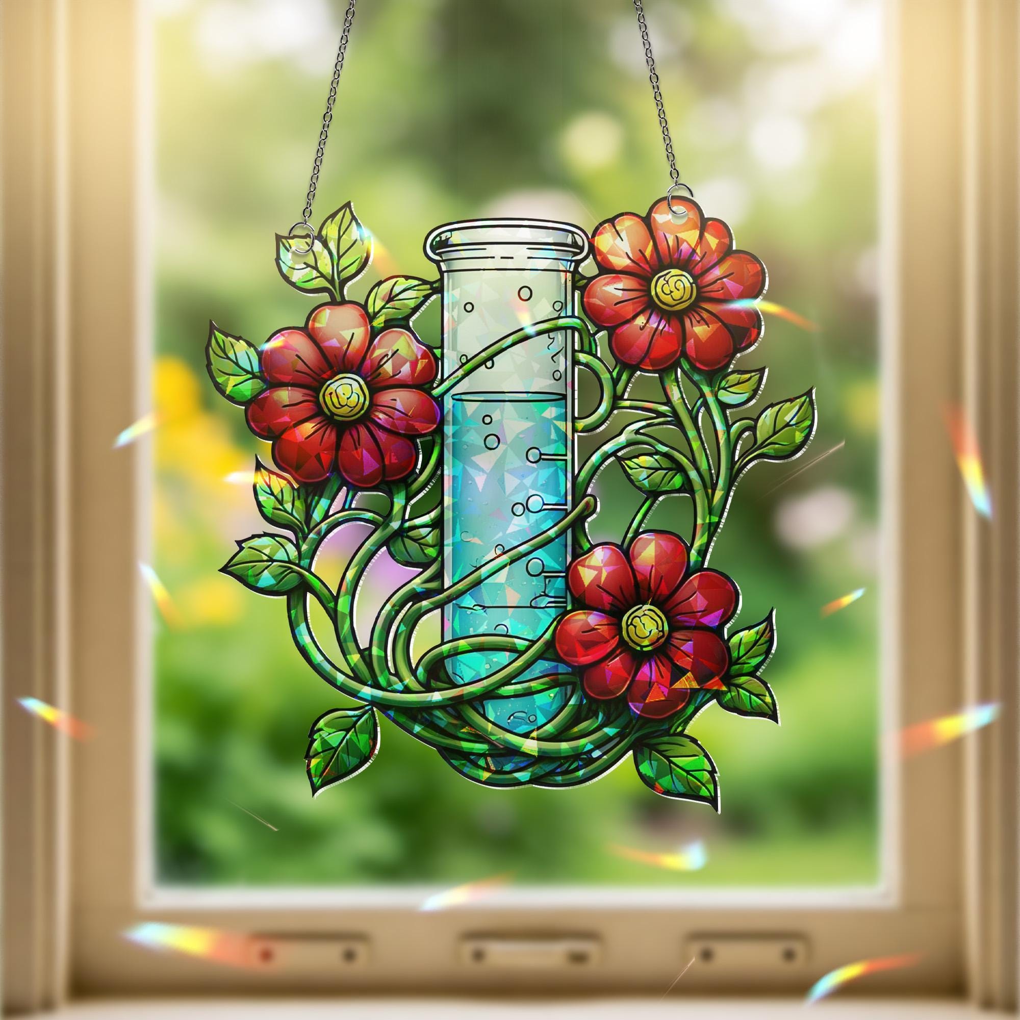 Floral Science Acrylic Window Hanging | Lab Beaker with Flowers Decor | Unique Gift for Teacher, Botanist, Plant Lover, Nature Decor