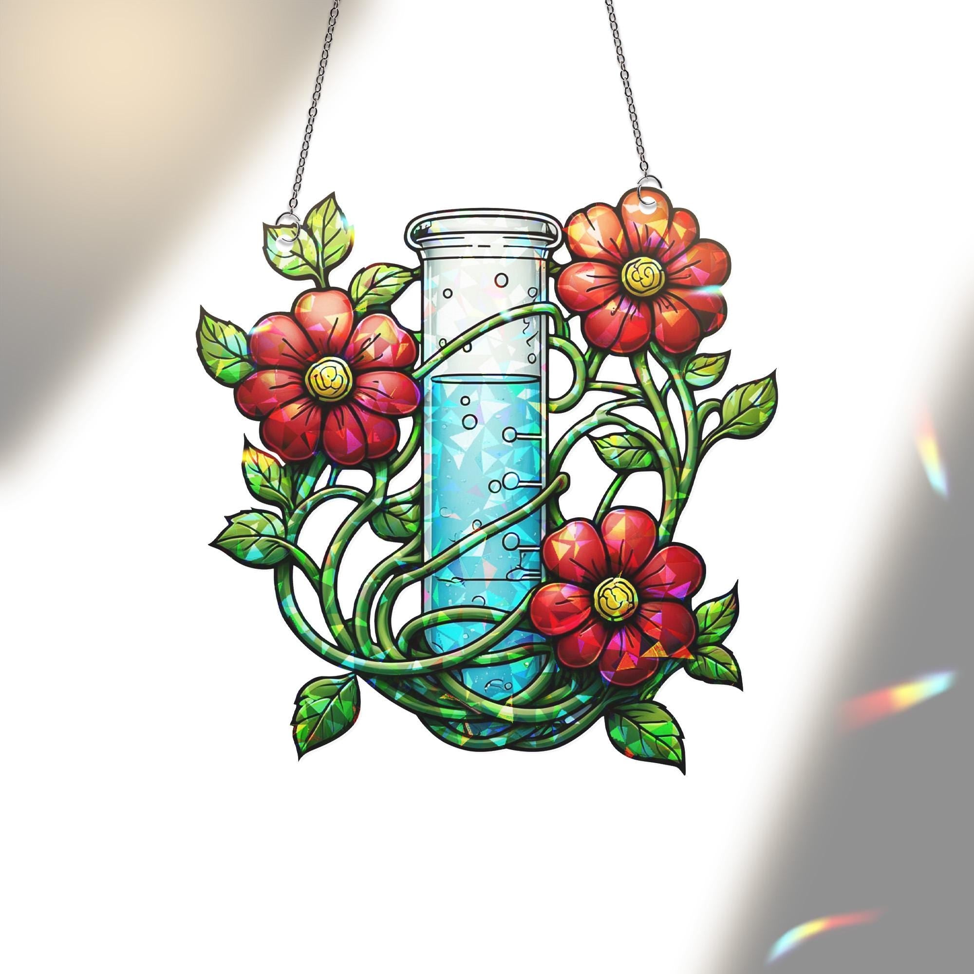 Floral Science Acrylic Window Hanging | Lab Beaker with Flowers Decor | Unique Gift for Teacher, Botanist, Plant Lover, Nature Decor