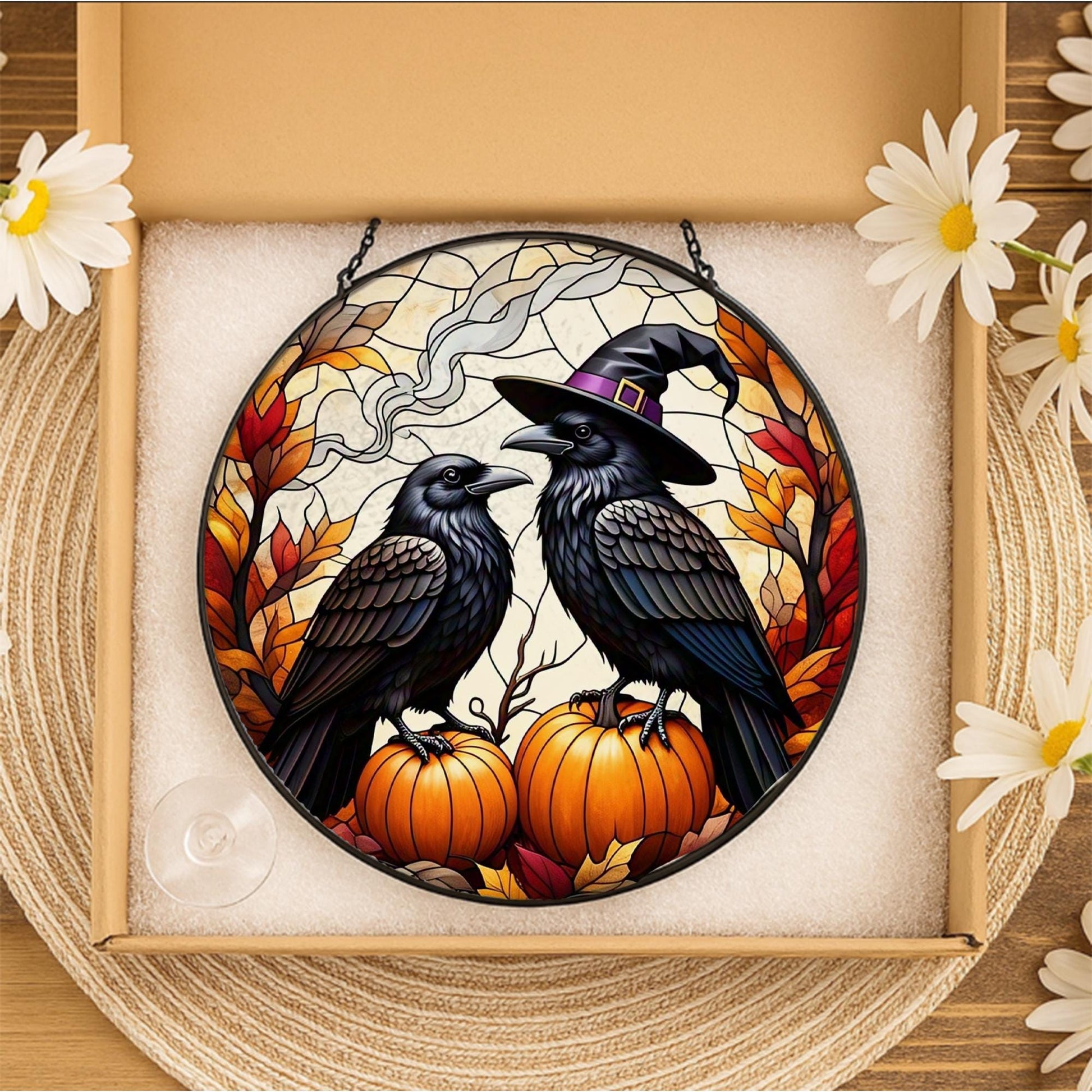 Raven Pumpkin Glass Suncatcher | Witch Crow Autumn Window Decor | Spooky Fall Halloween Hanging Art | Gothic Glass Gift for Her