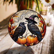 Raven Pumpkin Glass Suncatcher | Witch Crow Autumn Window Decor | Spooky Fall Halloween Hanging Art | Gothic Glass Gift for Her