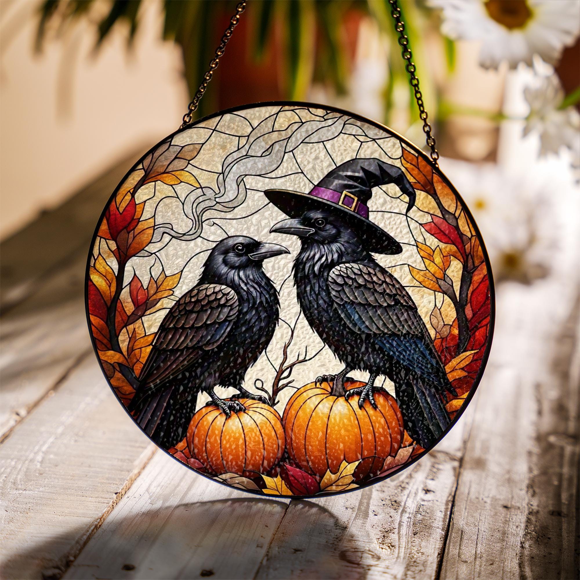 Raven Pumpkin Glass Suncatcher | Witch Crow Autumn Window Decor | Spooky Fall Halloween Hanging Art | Gothic Glass Gift for Her
