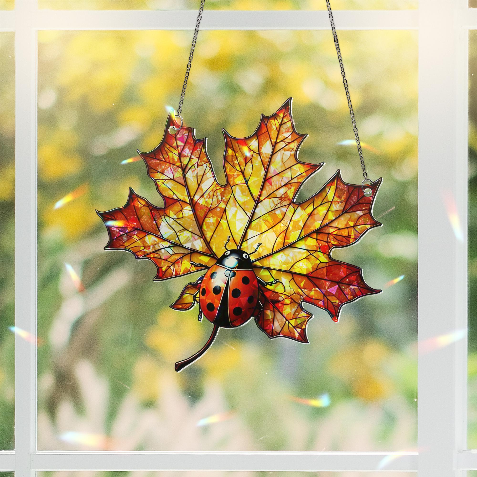 Ladybug Maple Leaf Acrylic Window Hanging | Autumn Fall Decor | Fall Classroom Window Art | Cute Bug Leaf Ornament Gift