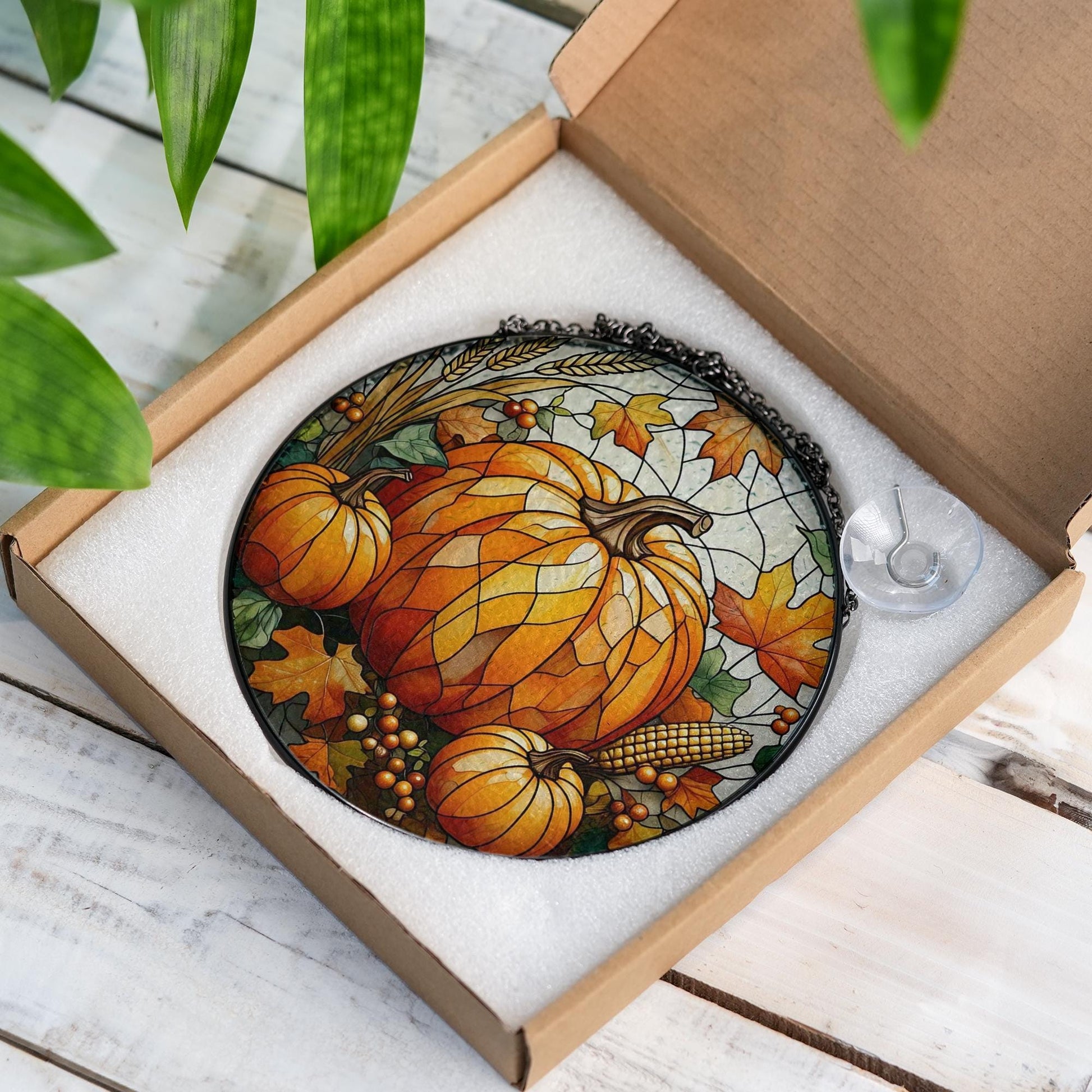 Pumpkin Glass Suncatcher | Fall Harvest Window Decor | Autumn Leaves Glass Art | Thanksgiving Sun Catcher | Rustic Farmhouse Gift