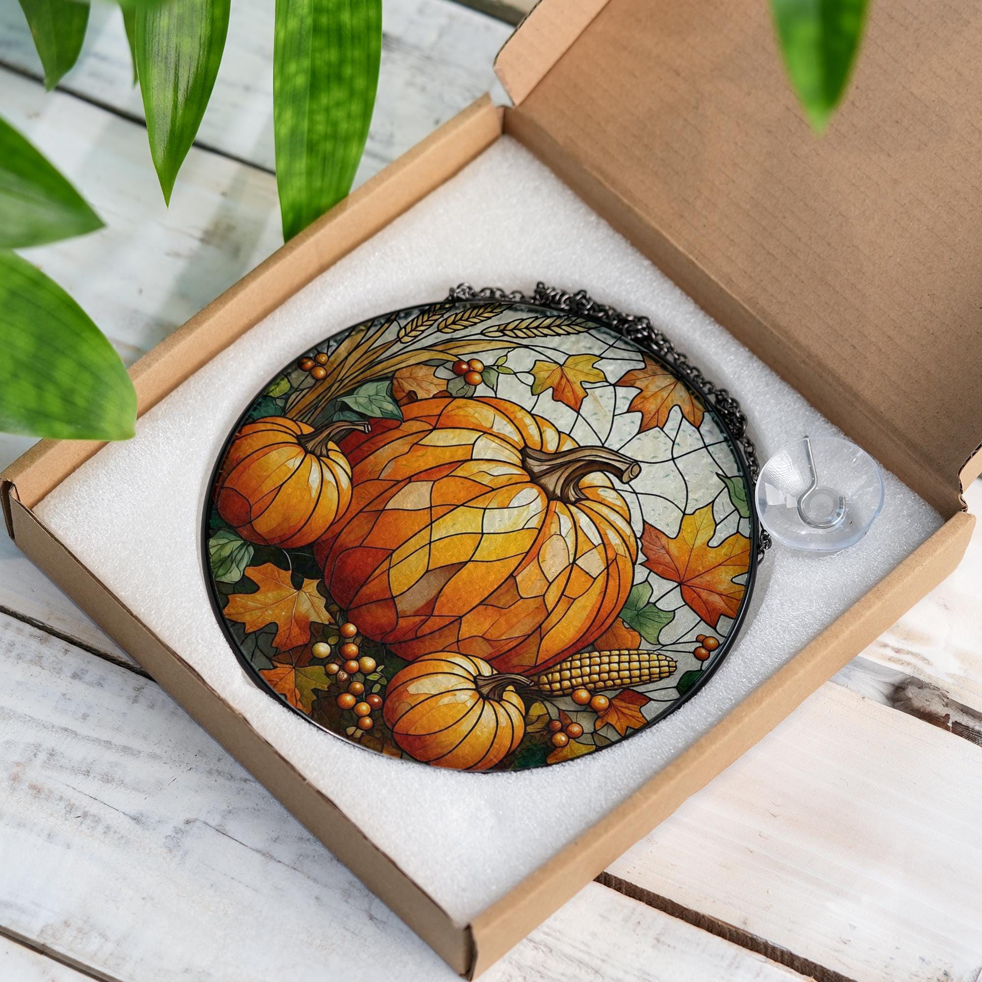 Pumpkin Glass Suncatcher | Fall Harvest Window Decor | Autumn Leaves Glass Art | Thanksgiving Sun Catcher | Rustic Farmhouse Gift