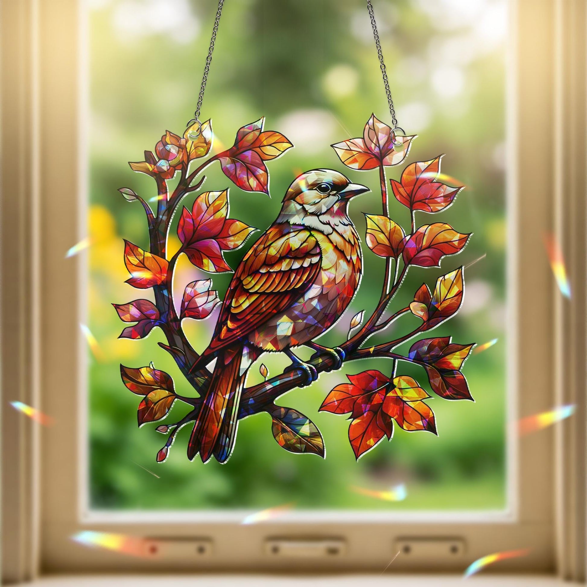 Autumn Bird Acrylic Window Hanging | Fall Leaf Decor | Stained Look Window Art | Bird Sun Catcher Gift | Seasonal Fall Home Decor