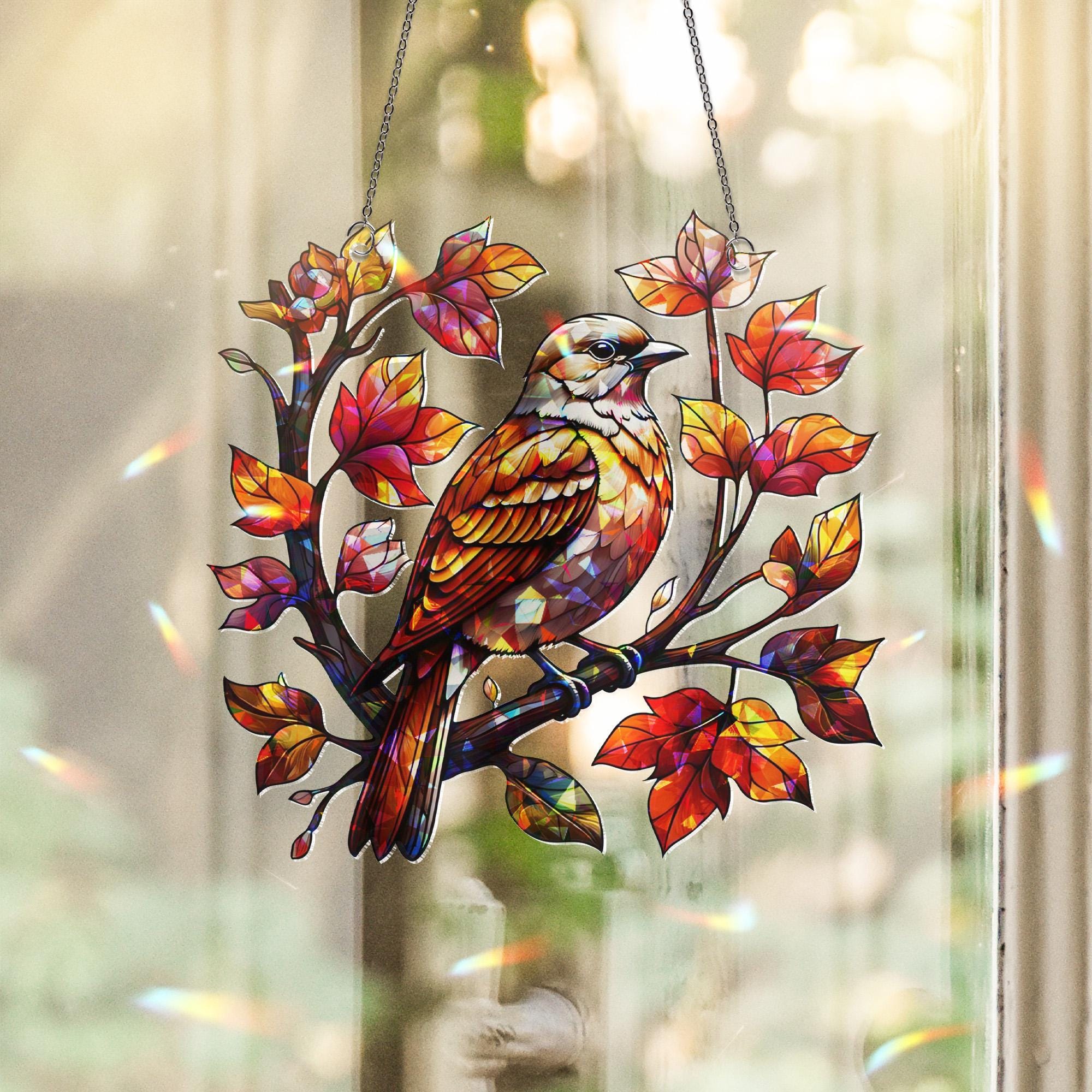 Autumn Bird Acrylic Window Hanging | Fall Leaf Decor | Stained Look Window Art | Bird Sun Catcher Gift | Seasonal Fall Home Decor