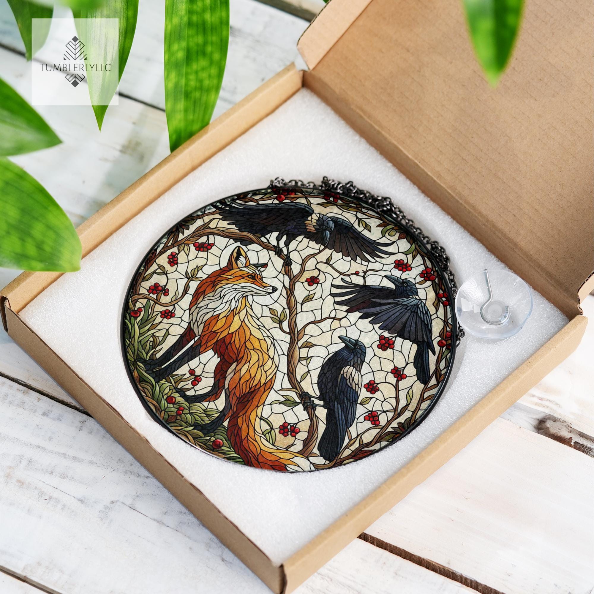 Fox and Raven Glass Suncatcher, Gothic Woodland Animal Glass Decor, Dark Forest Nature Window Hanging Gift for Home