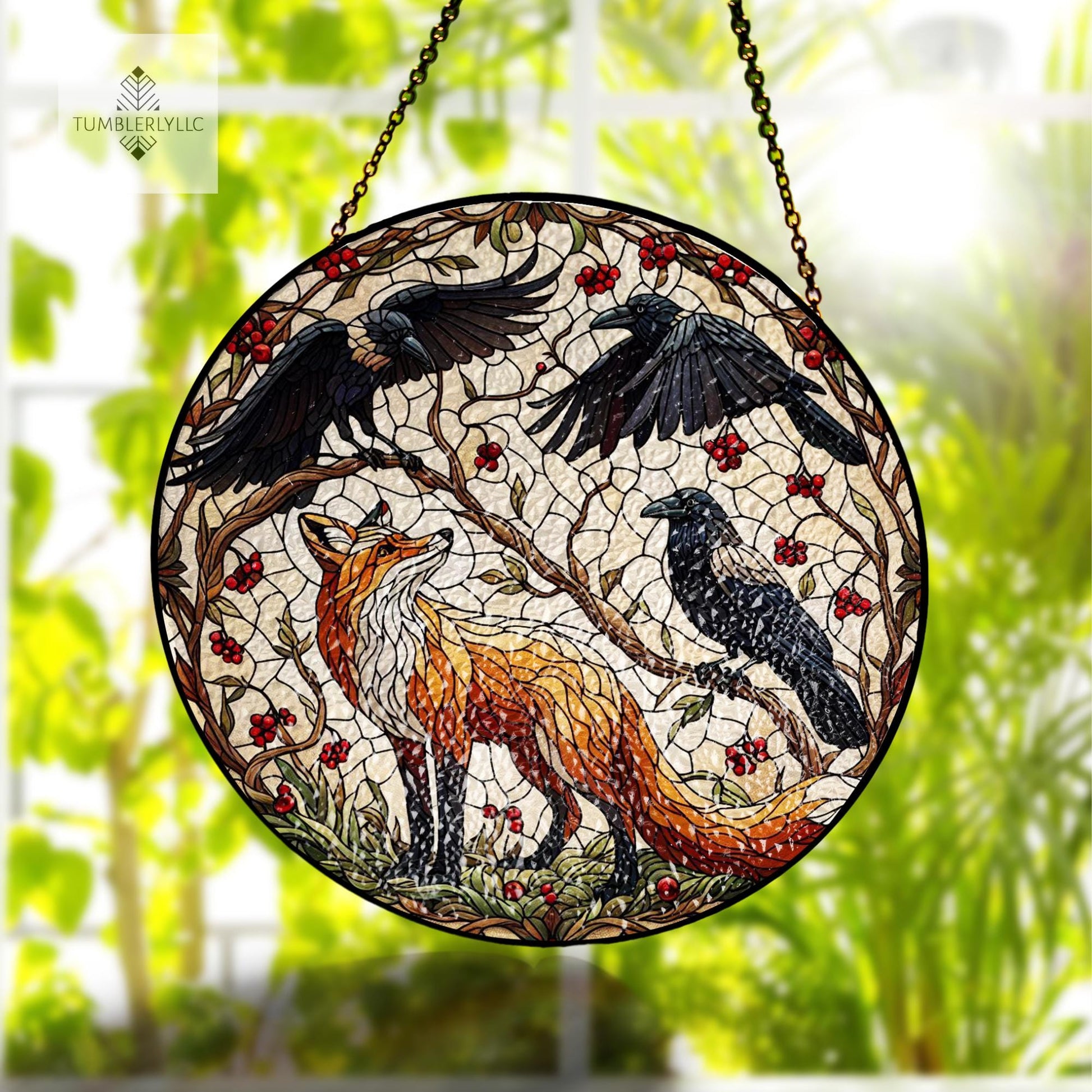 Fox and Raven Glass Suncatcher, Gothic Woodland Animal Glass Decor, Dark Forest Nature Window Hanging Gift for Home