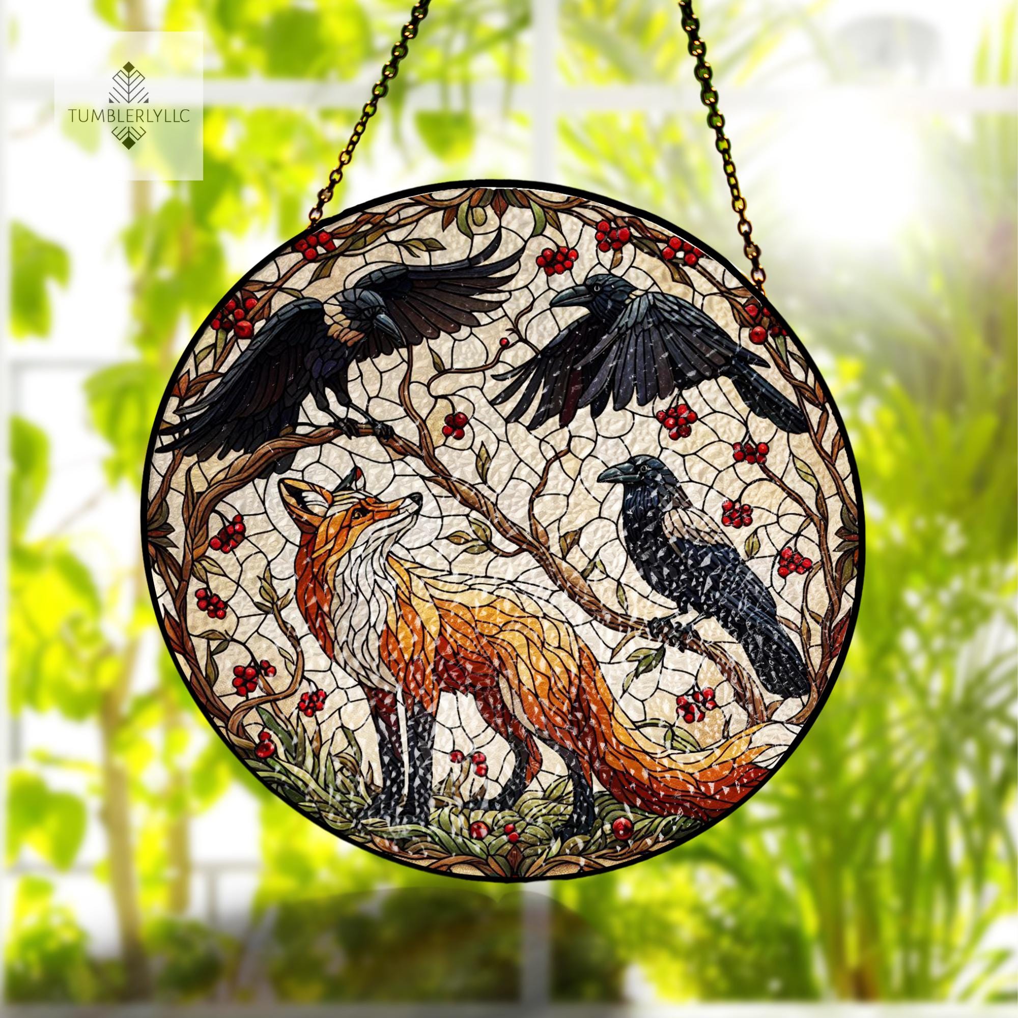 Fox and Raven Glass Suncatcher, Gothic Woodland Animal Glass Decor, Dark Forest Nature Window Hanging Gift for Home