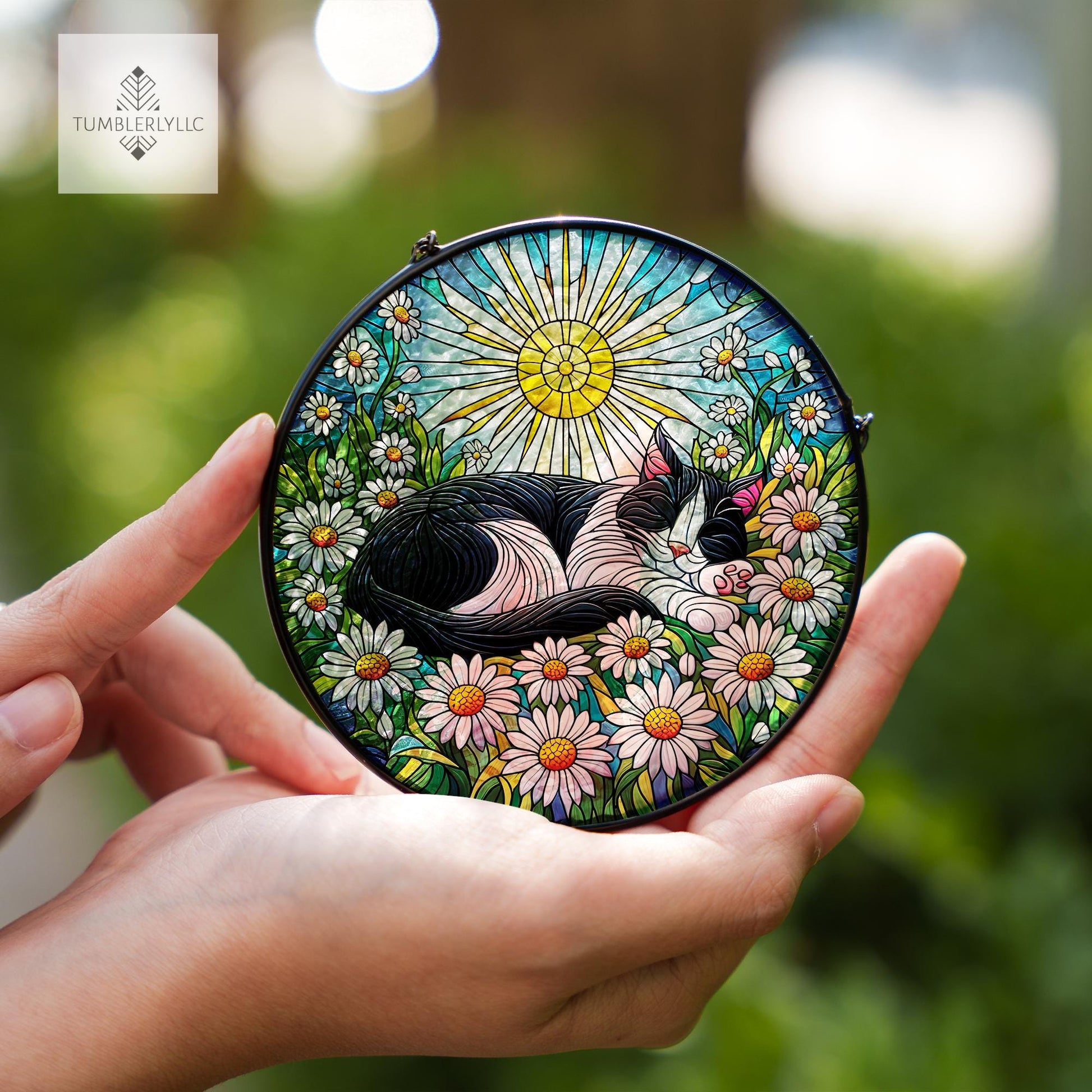 Tuxedo Cat Glass Suncatcher with Daisies and Sun, Glass Window Hanging, Cute Cat Lover Gift, Floral Home Decor gift for cat mom