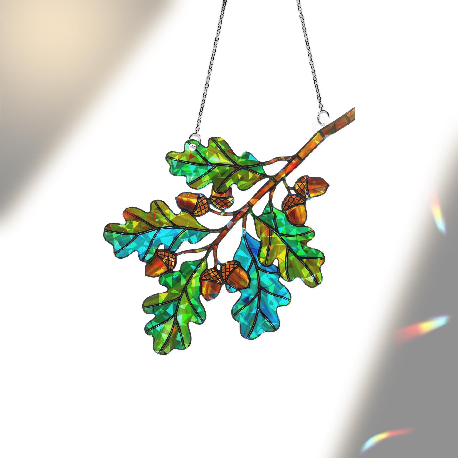 Oak Branch Holographic Suncatcher with Acorns, Fall Window Decor, Autumn Leaves Sun Catcher Gift, Nature Inspired Woodland Home Art