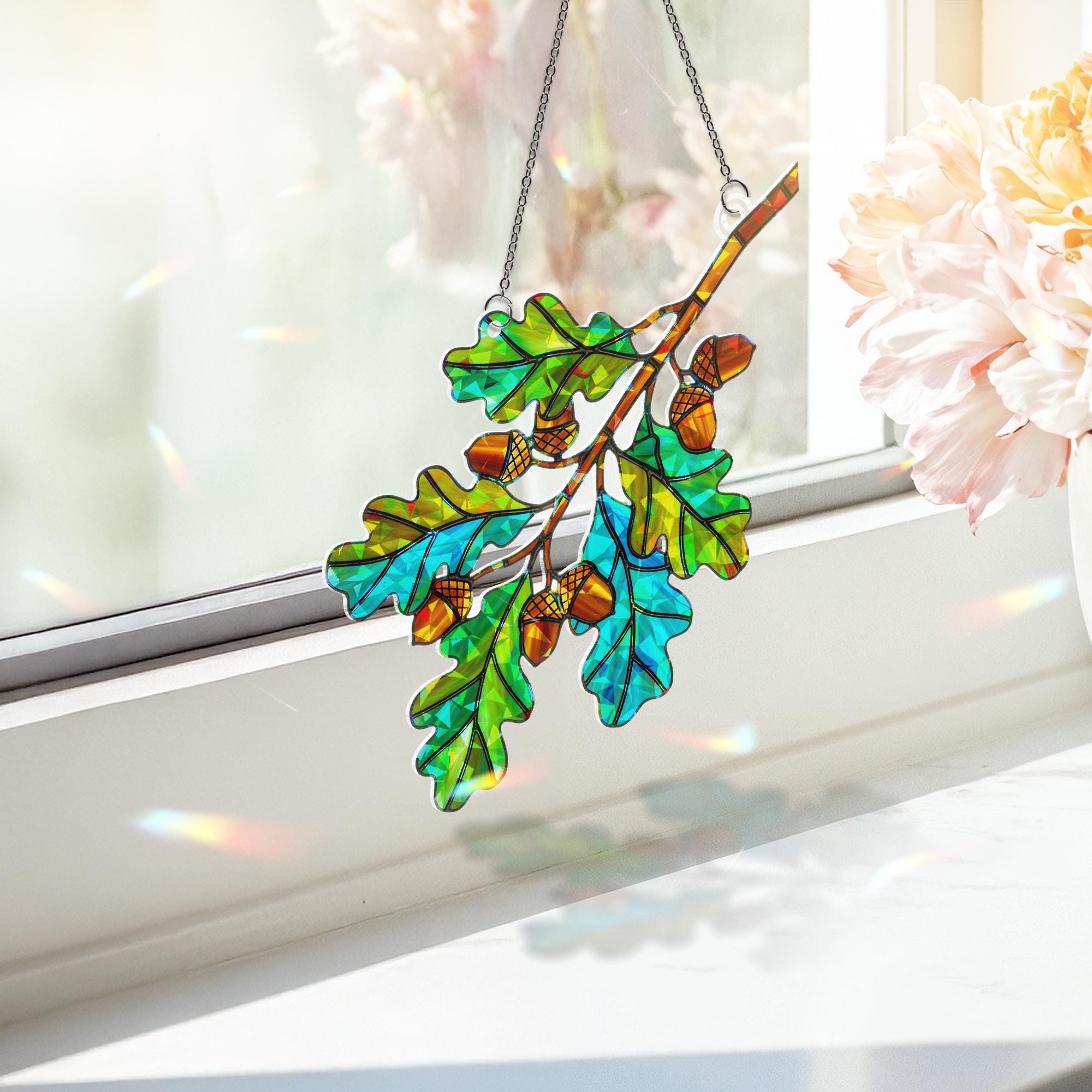 Oak Branch Holographic Suncatcher with Acorns, Fall Window Decor, Autumn Leaves Sun Catcher Gift, Nature Inspired Woodland Home Art