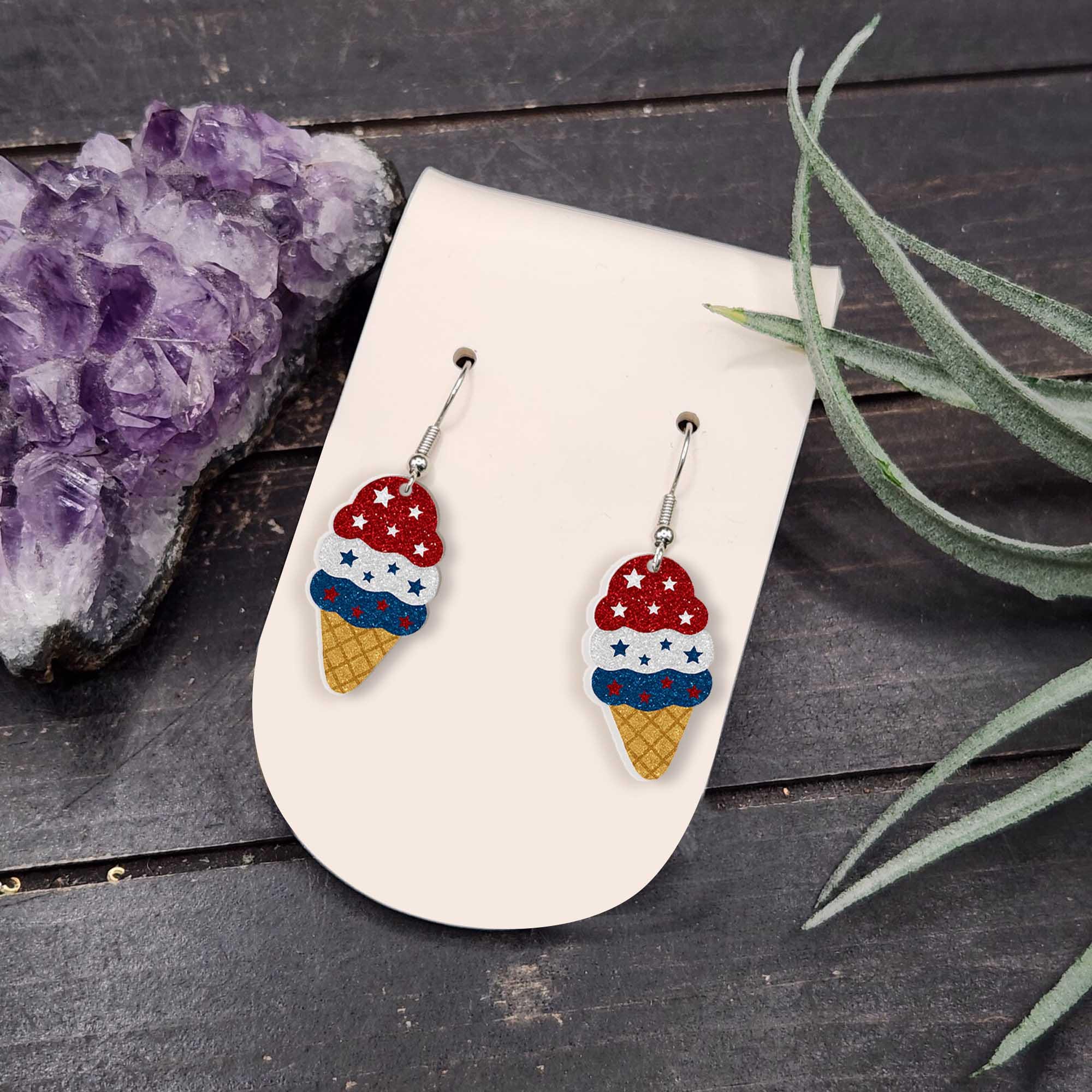 Patriotic Ice Cream Earrings, 4th of July Dangle Earrings, Red White Blue Jewelry, USA Summer Earrings, Fun American Flag Style Gift