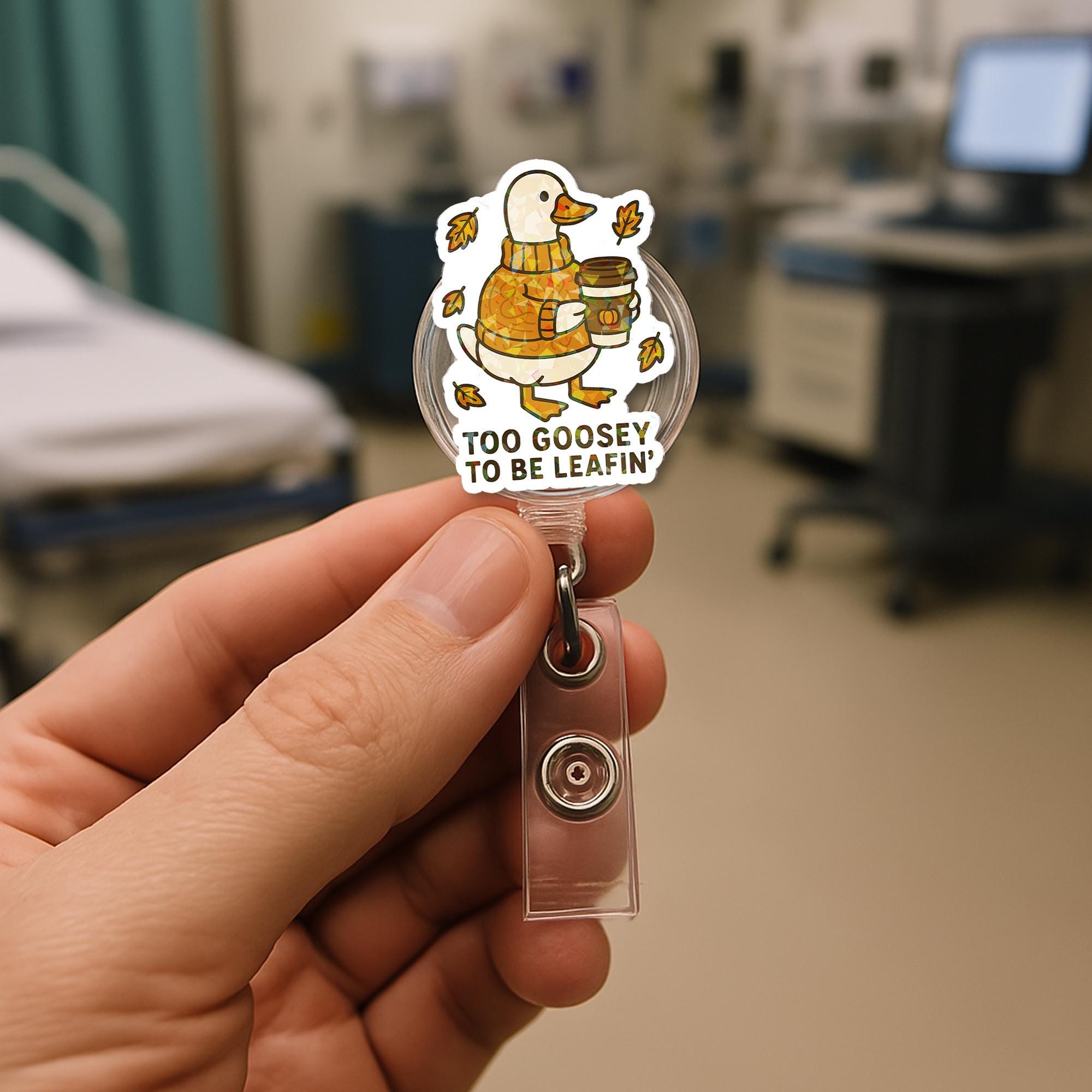 Funny Autumn Goose Badge Reel, “Too Goosey to Be Leafin’” Fall ID Holder, Cute Retractable Name Tag for Nurses, Teachers & Coworkers