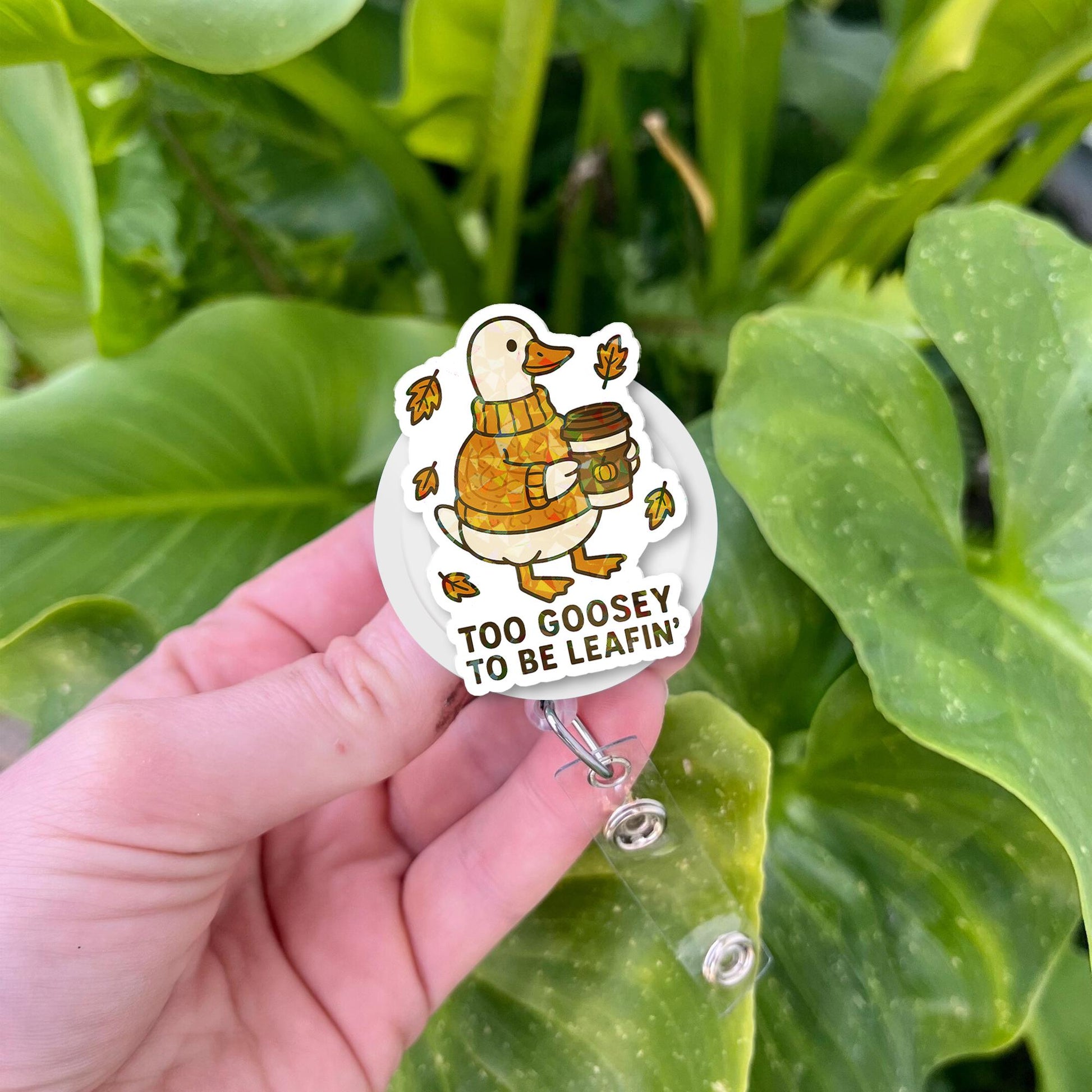 Funny Autumn Goose Badge Reel, “Too Goosey to Be Leafin’” Fall ID Holder, Cute Retractable Name Tag for Nurses, Teachers & Coworkers