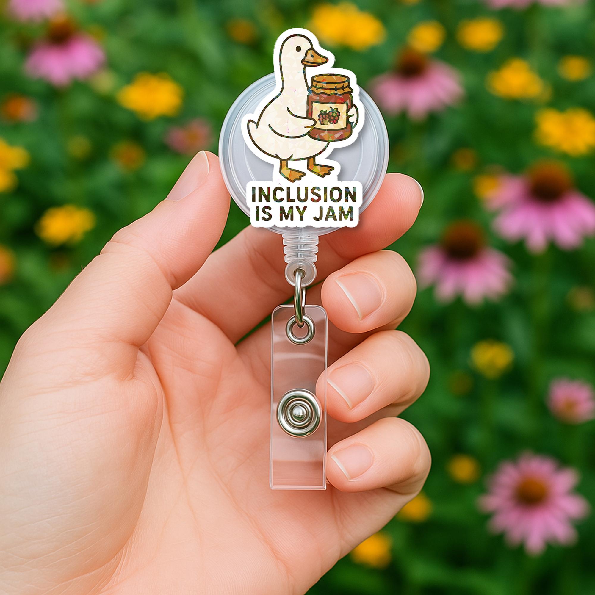 Funny Goose Teacher Badge Reel, “Inclusion Is My Jam” ID Holder, Cute Retractable Name Tag for Educators, Counselors, & Staff Gifts