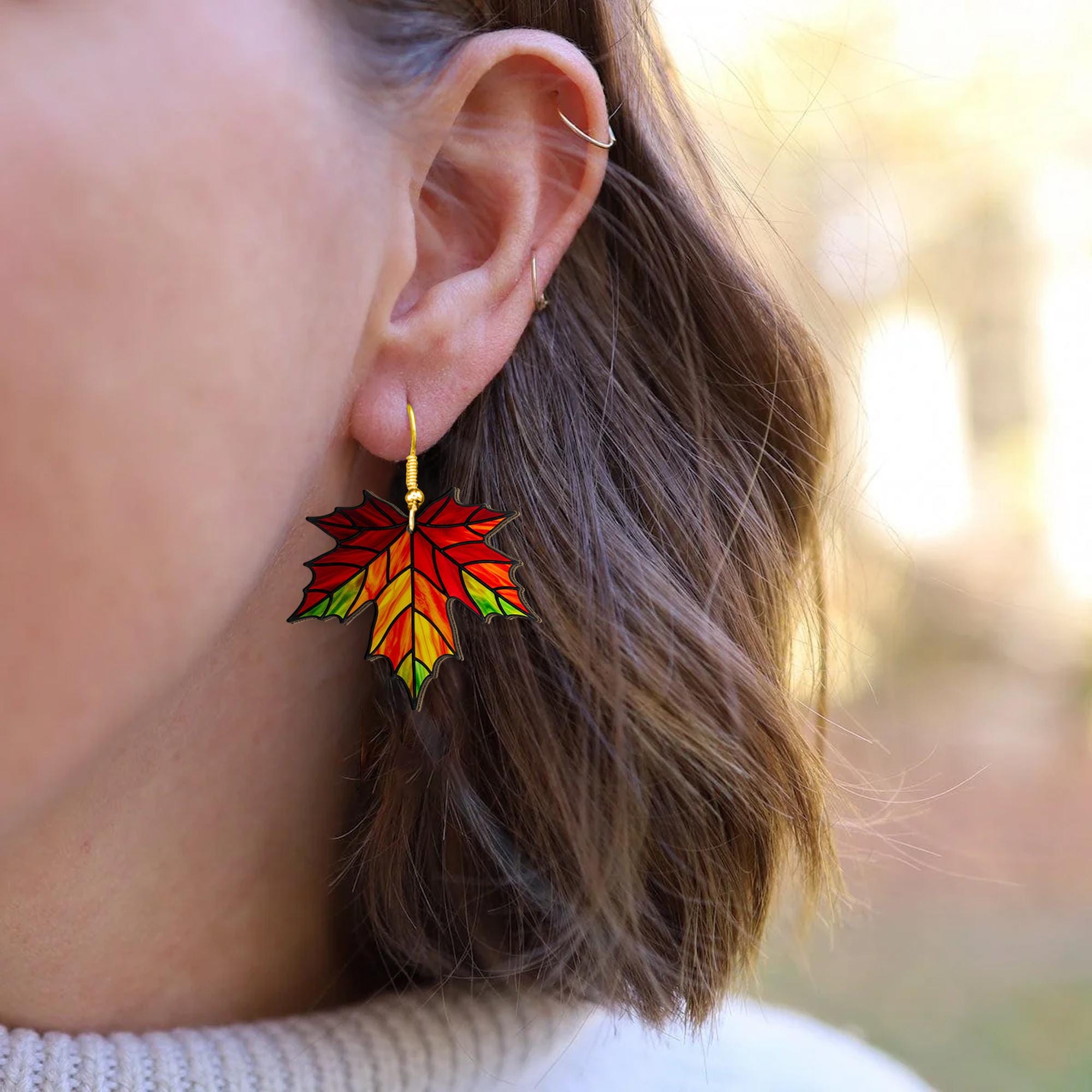 Maple Leaf Earrings, Autumn Fall Jewelry for Women, Colorful Acrylic Dangle Earrings, Nature Inspired Leaf Gift for mom
