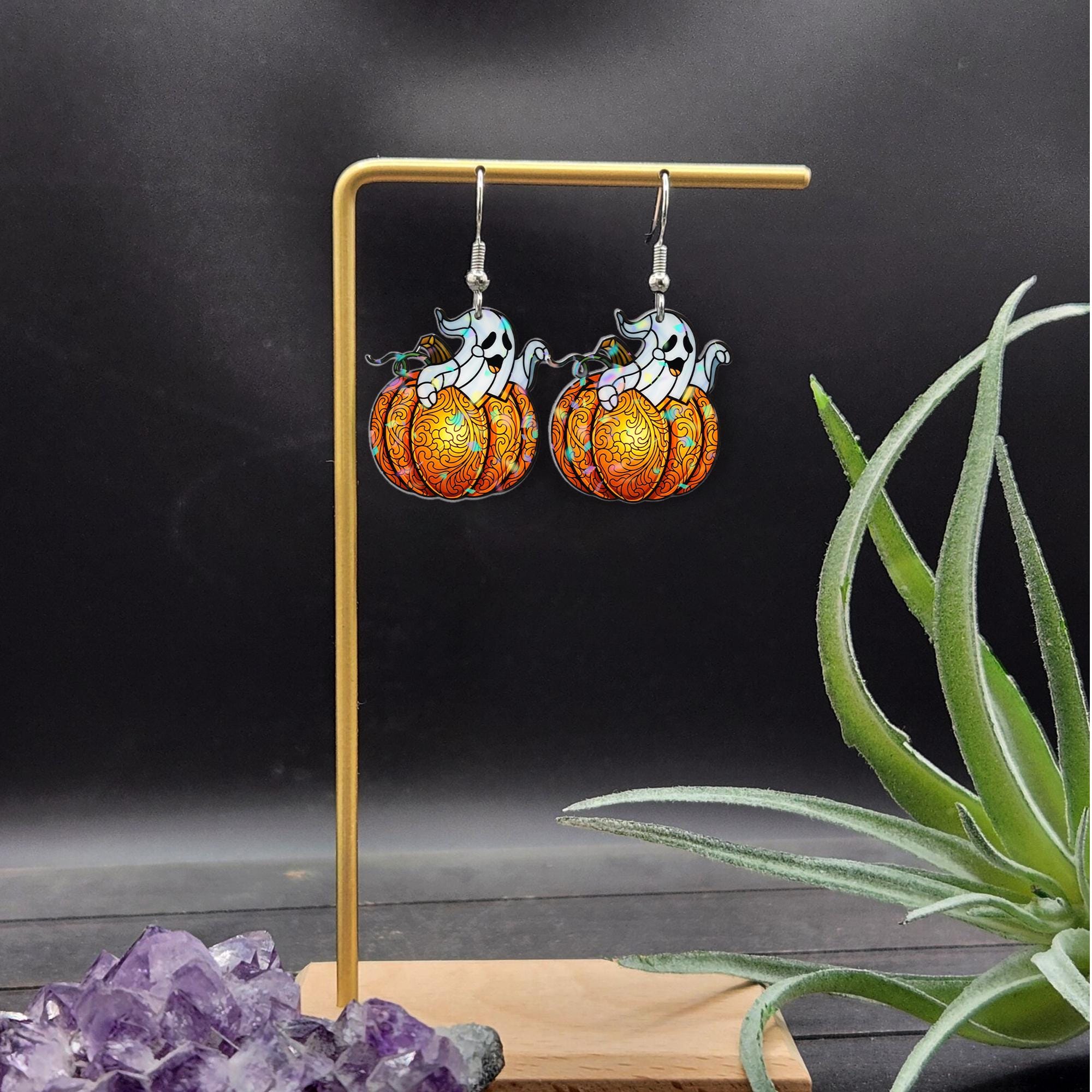Halloween Ghost Pumpkin Earrings, Fall Dangle Earrings for Women, Cute Spooky Autumn Jewelry, Acrylic Trick or Treat Accessory Gift
