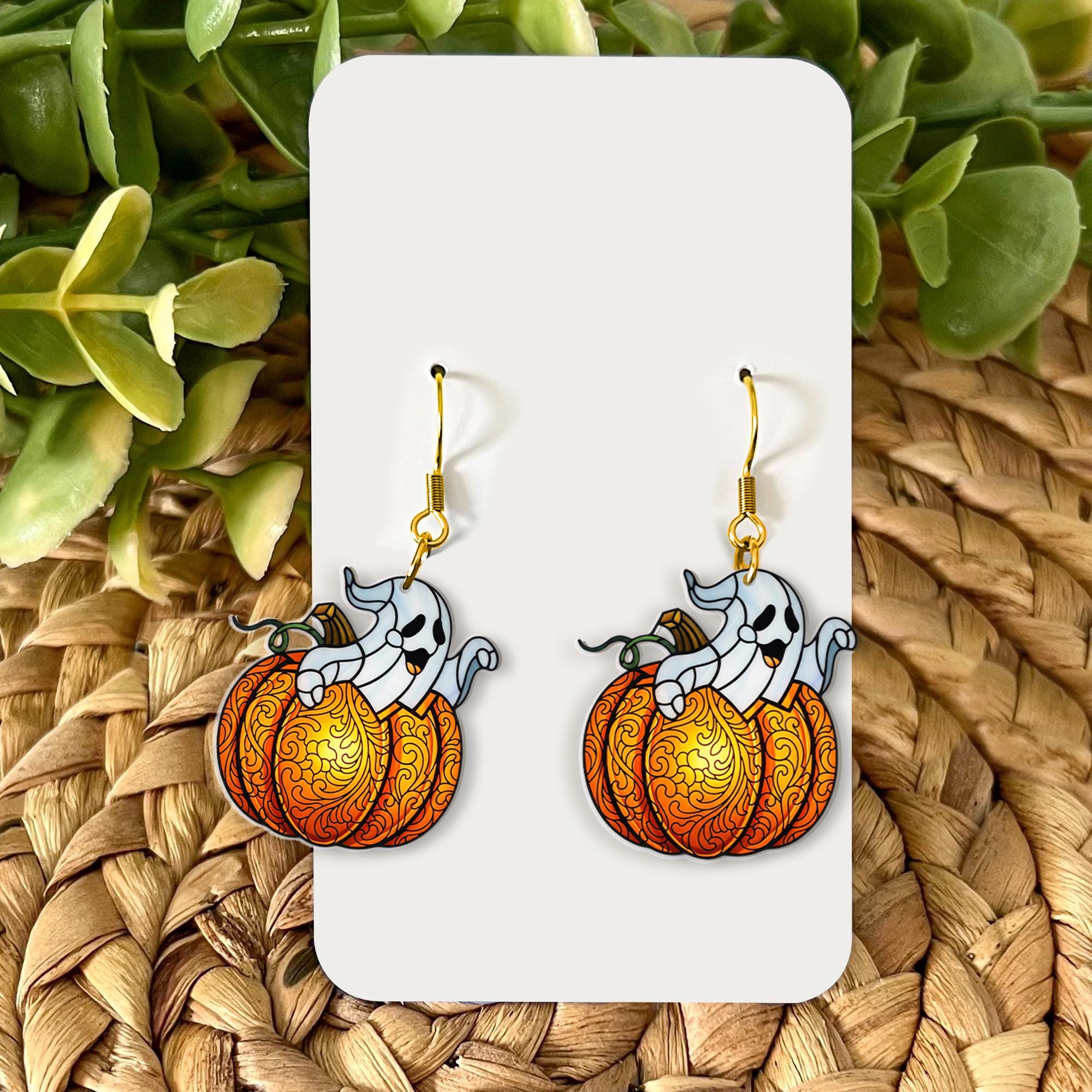 Halloween Ghost Pumpkin Earrings, Fall Dangle Earrings for Women, Cute Spooky Autumn Jewelry, Acrylic Trick or Treat Accessory Gift