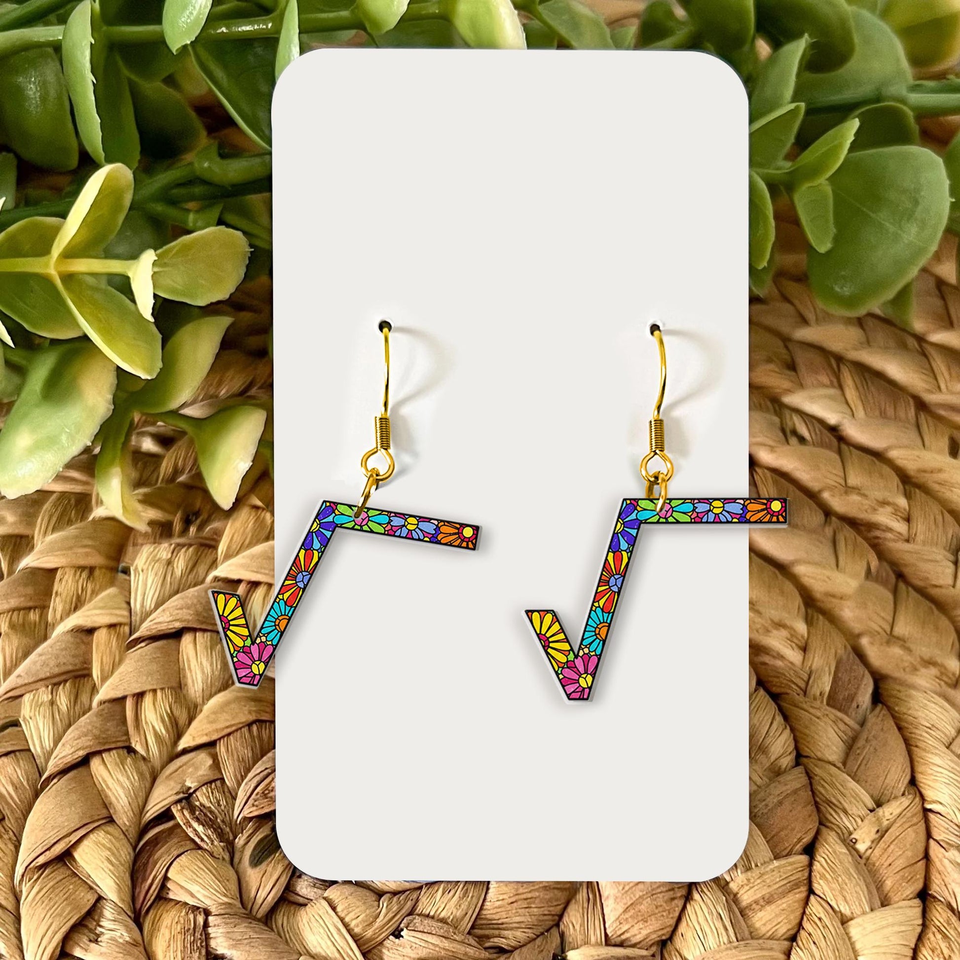 Colorful Square Root Earrings, Math Teacher Jewelry, Funny Math Gift, Flower Pattern Dangle Earrings, Geeky Teacher Accessory