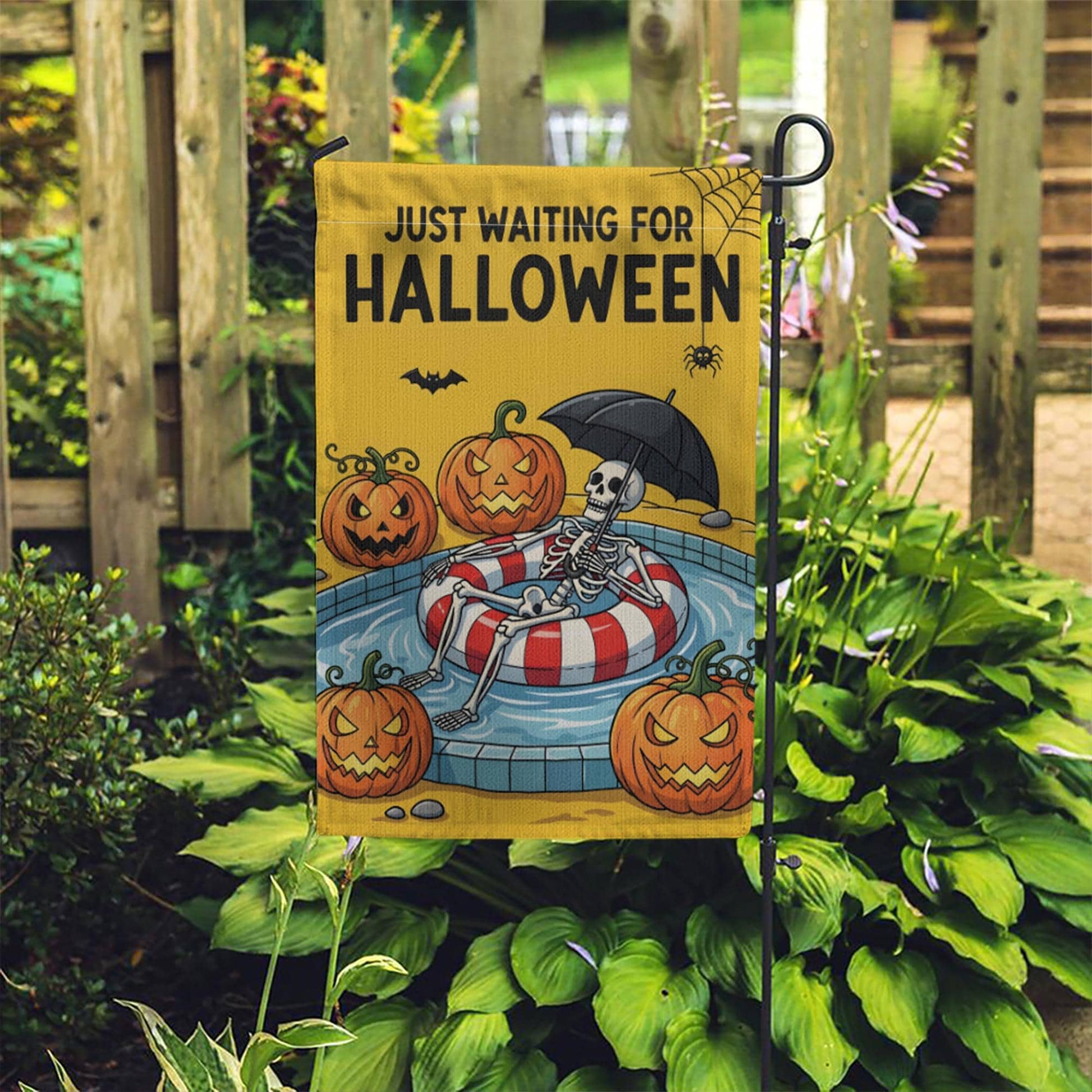 Funny Halloween Garden Flag, Skeleton Pool Float Flag, Waiting for Halloween Yard Decor, Spooky Fall Outdoor Decoration