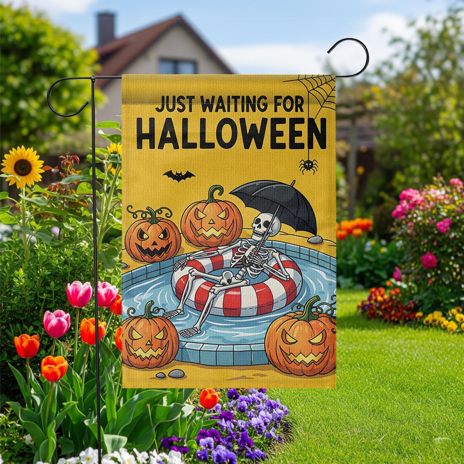 Funny Halloween Garden Flag, Skeleton Pool Float Flag, Waiting for Halloween Yard Decor, Spooky Fall Outdoor Decoration