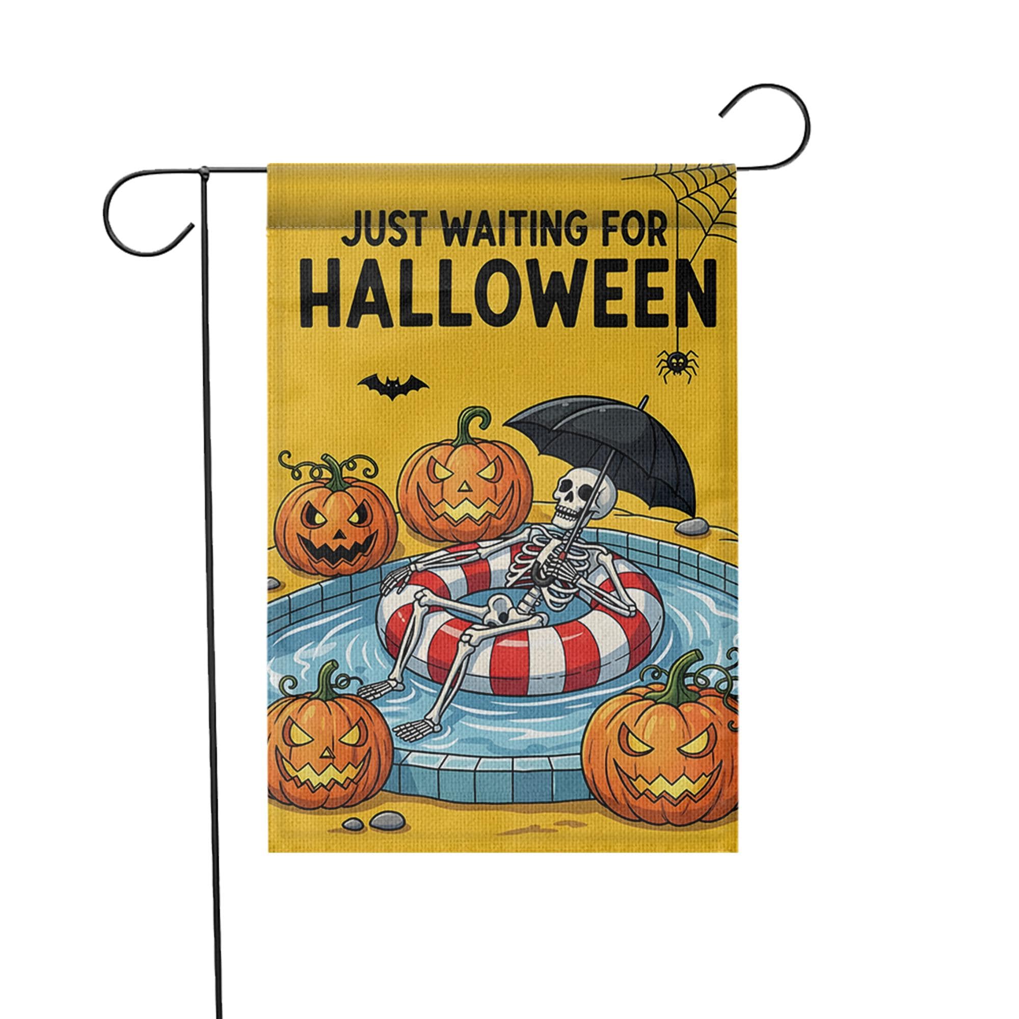 Funny Halloween Garden Flag, Skeleton Pool Float Flag, Waiting for Halloween Yard Decor, Spooky Fall Outdoor Decoration