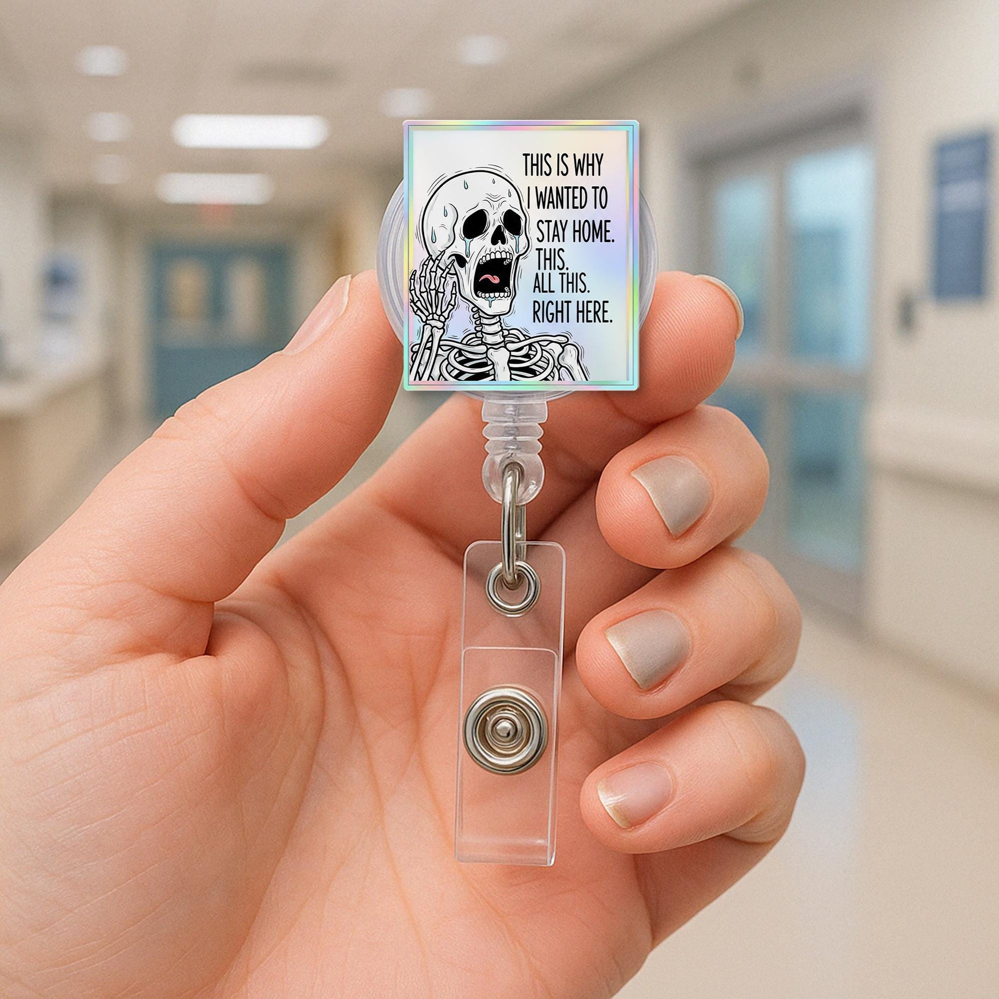 Funny Skeleton Badge Reel, Stay Home Quote ID Holder, Holographic Badge Clip, Spooky Nurse Gift, Work Humor Badge Reel
